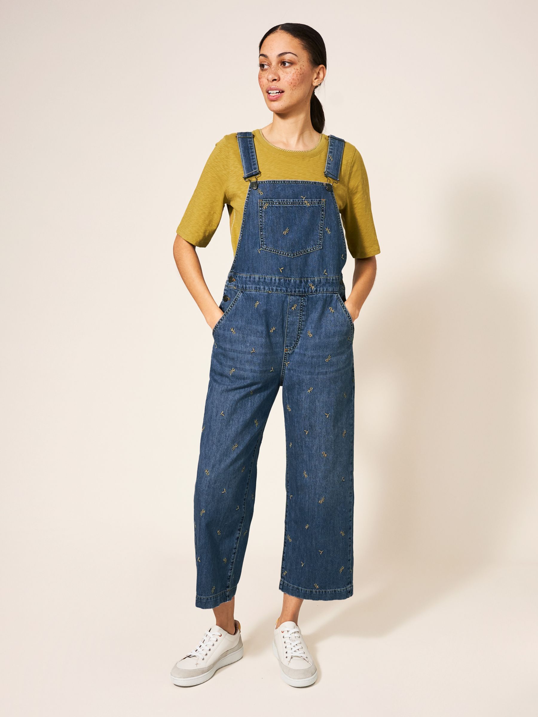 White Stuff Embroidered Cropped Dungarees, Blue, 6