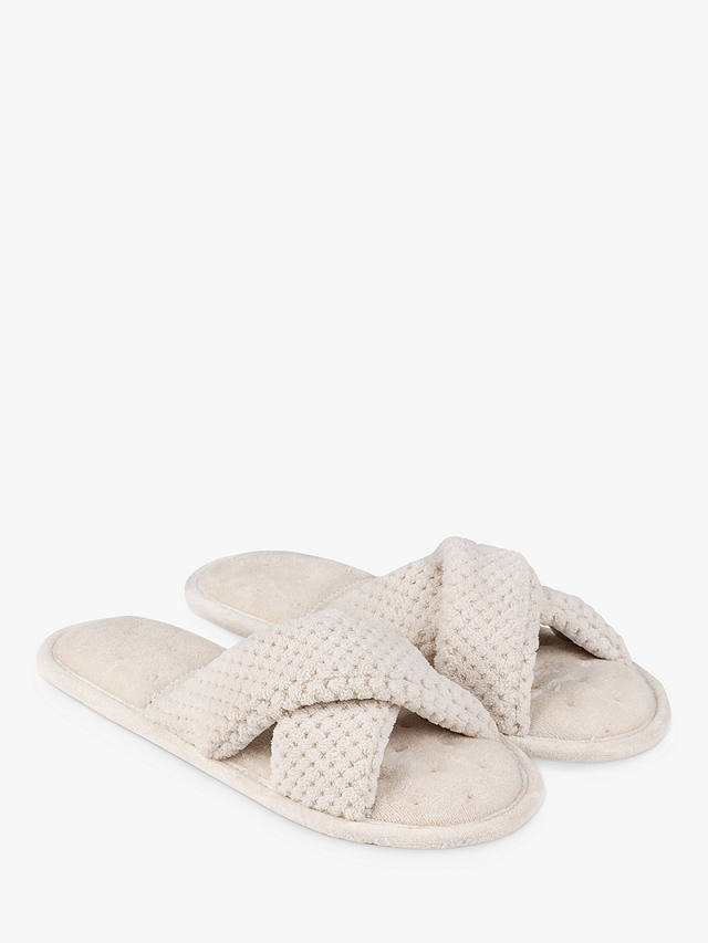 totes Popcorn Cross Strap Mule Slippers, Natural