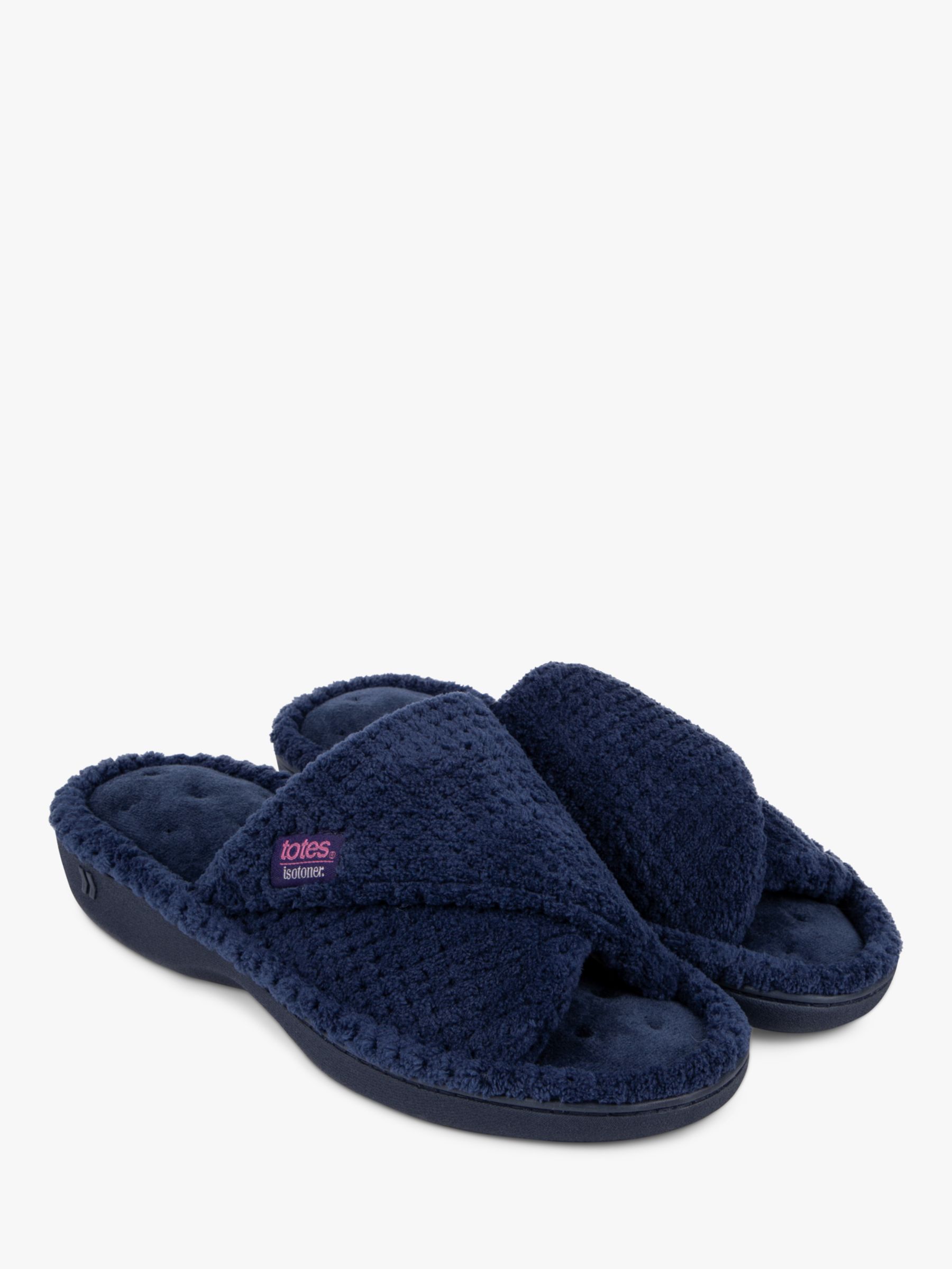 totes Textured Popcorn Turnover Mule Slippers, Navy, 4