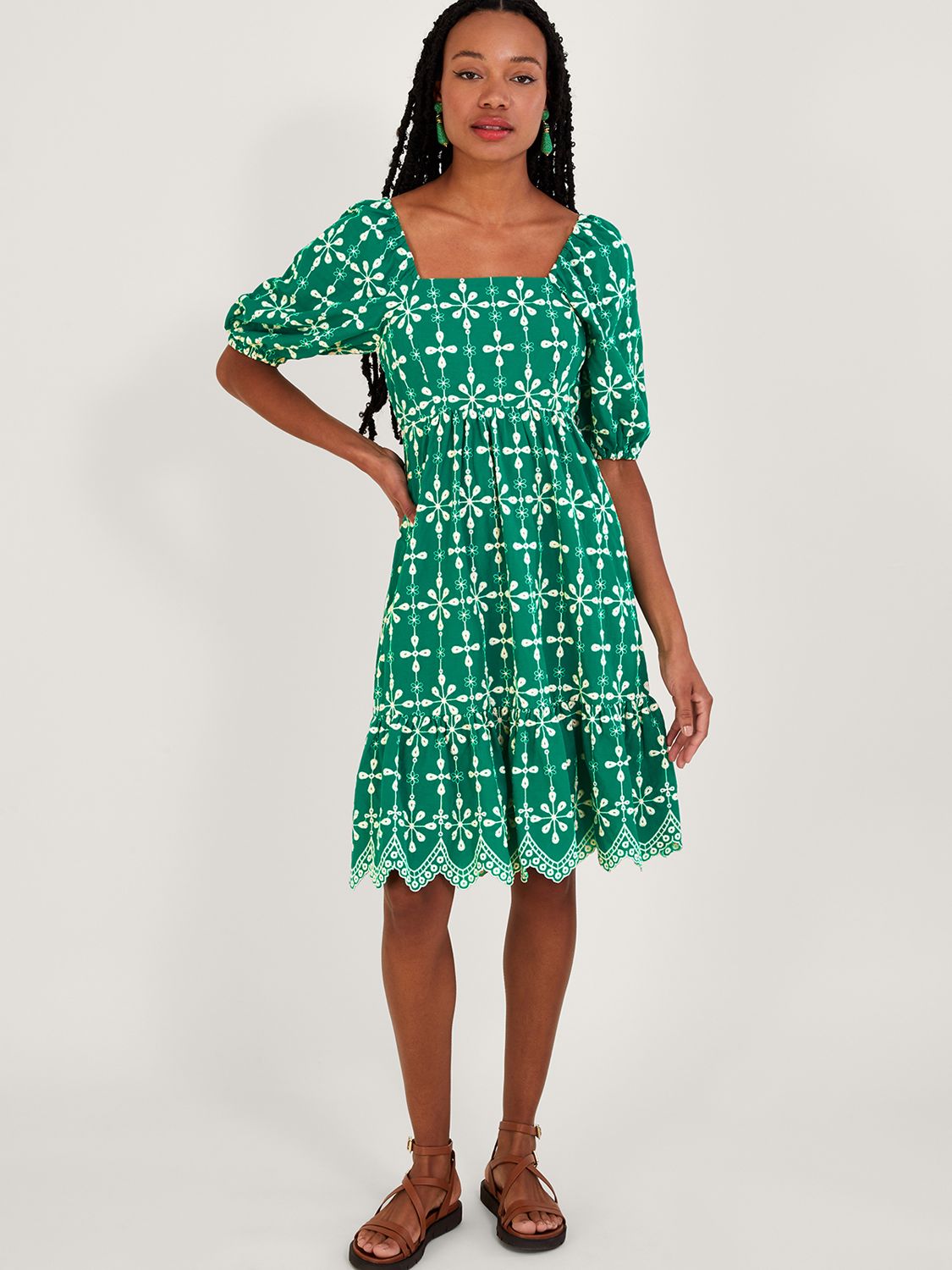 Monsoon Embroidered Puff Sleeve Dress, Green