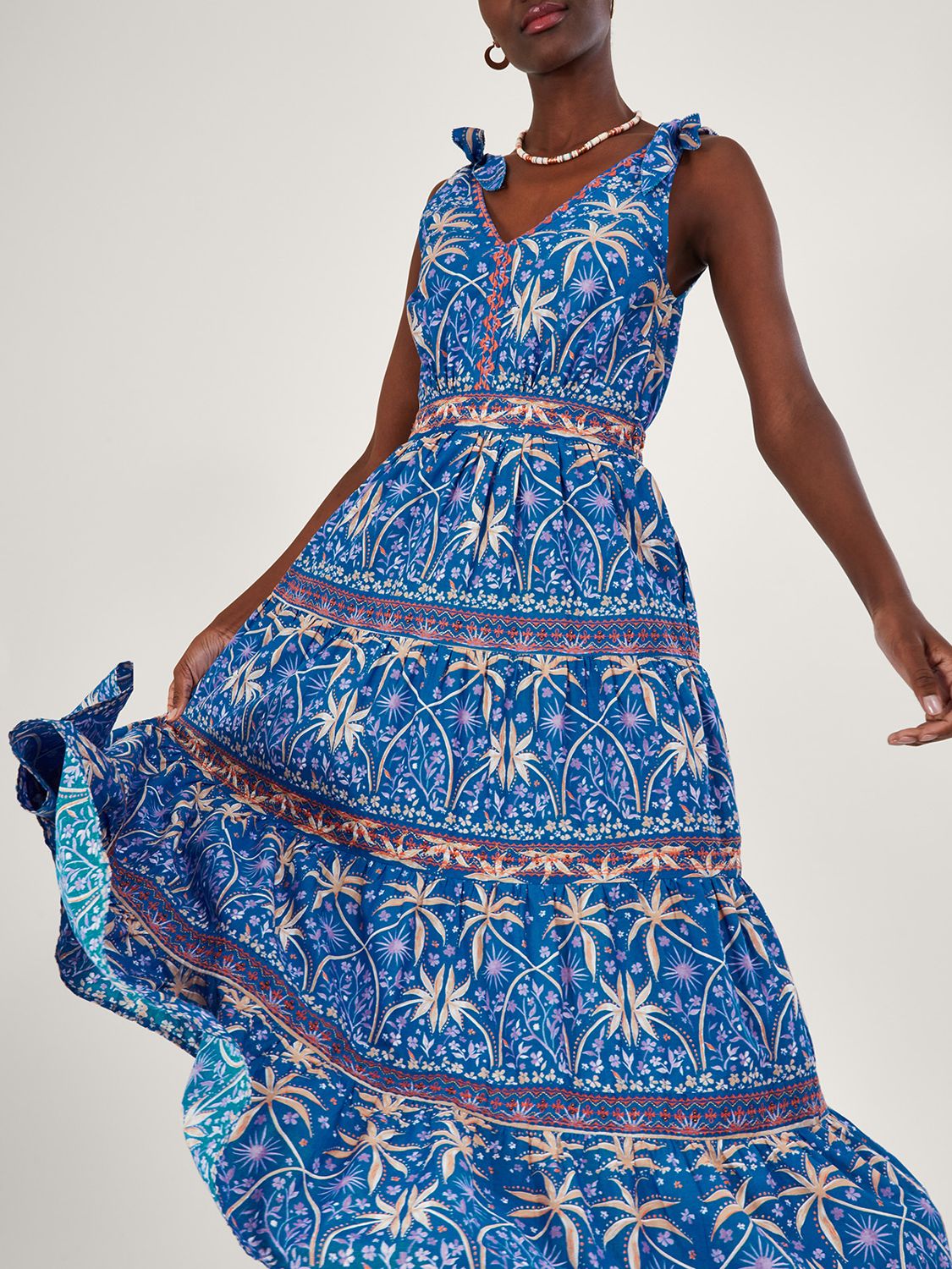 Monsoon Palm Print Midi Dress, Blue at John Lewis & Partners