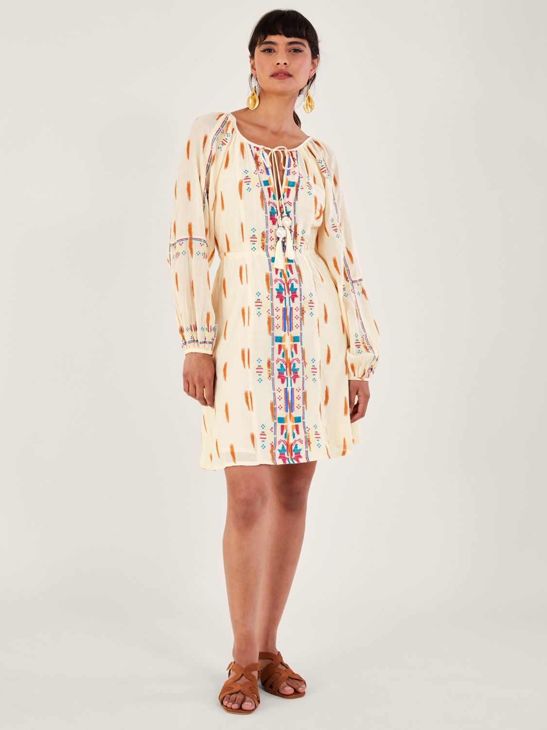 Monsoon Aztec Embroidered Cotton Dress, Ivory, XL