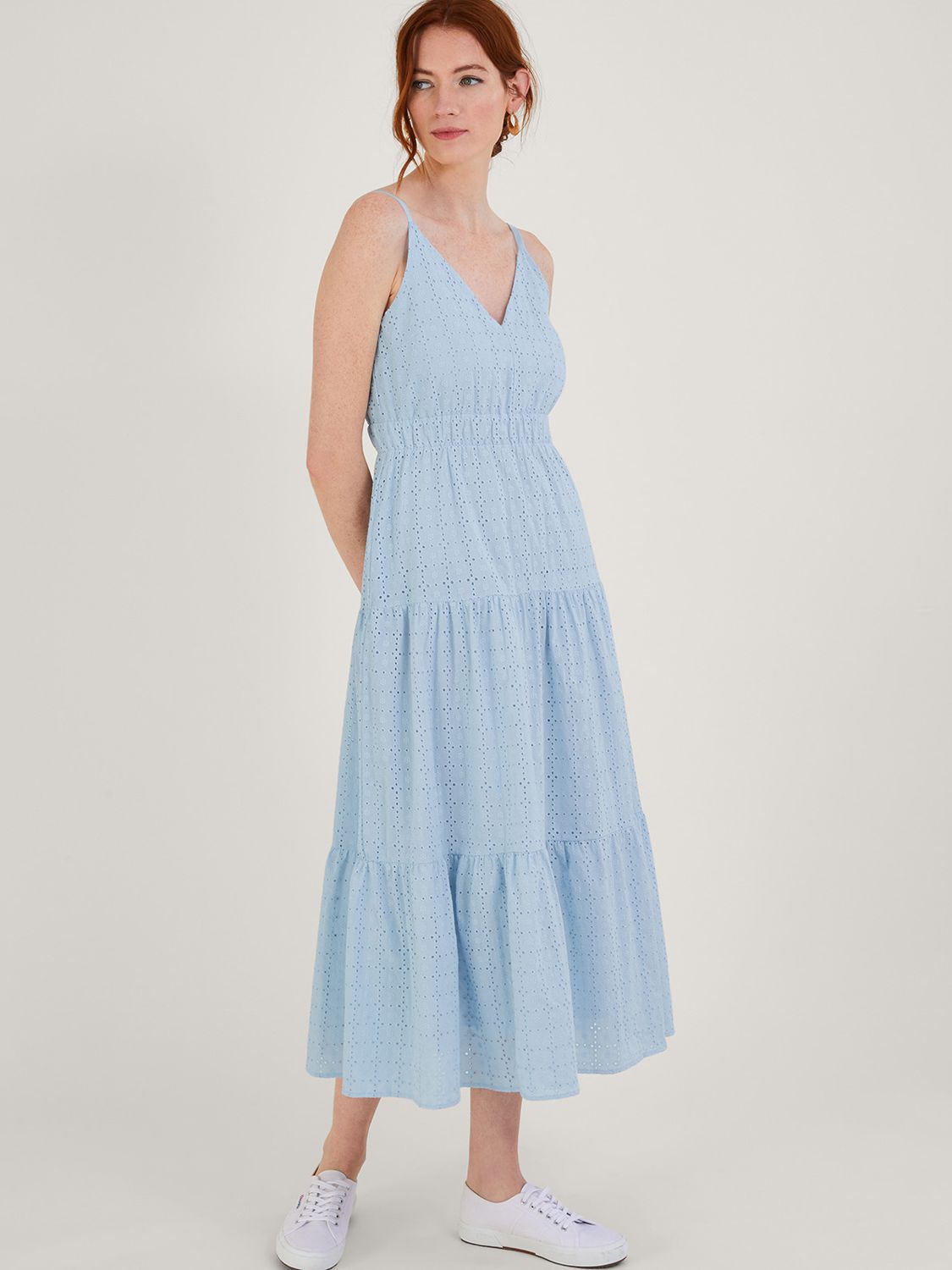 Monsoon Belle Broderie Tiered Dress, Blue at John Lewis & Partners