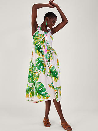 Monsoon Palm Print Sun Dress, White/Multi