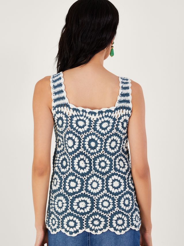 Monsoon Cotton Crochet Tank Top, Blue/Multi, SM