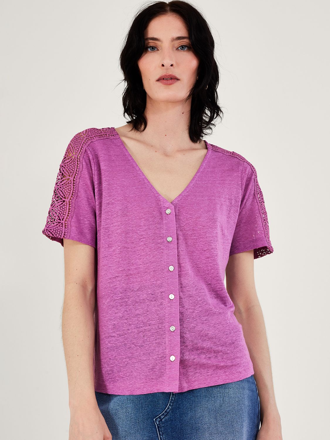Monsoon Plain Button Through Lace Sleeve Linen Top, Purple