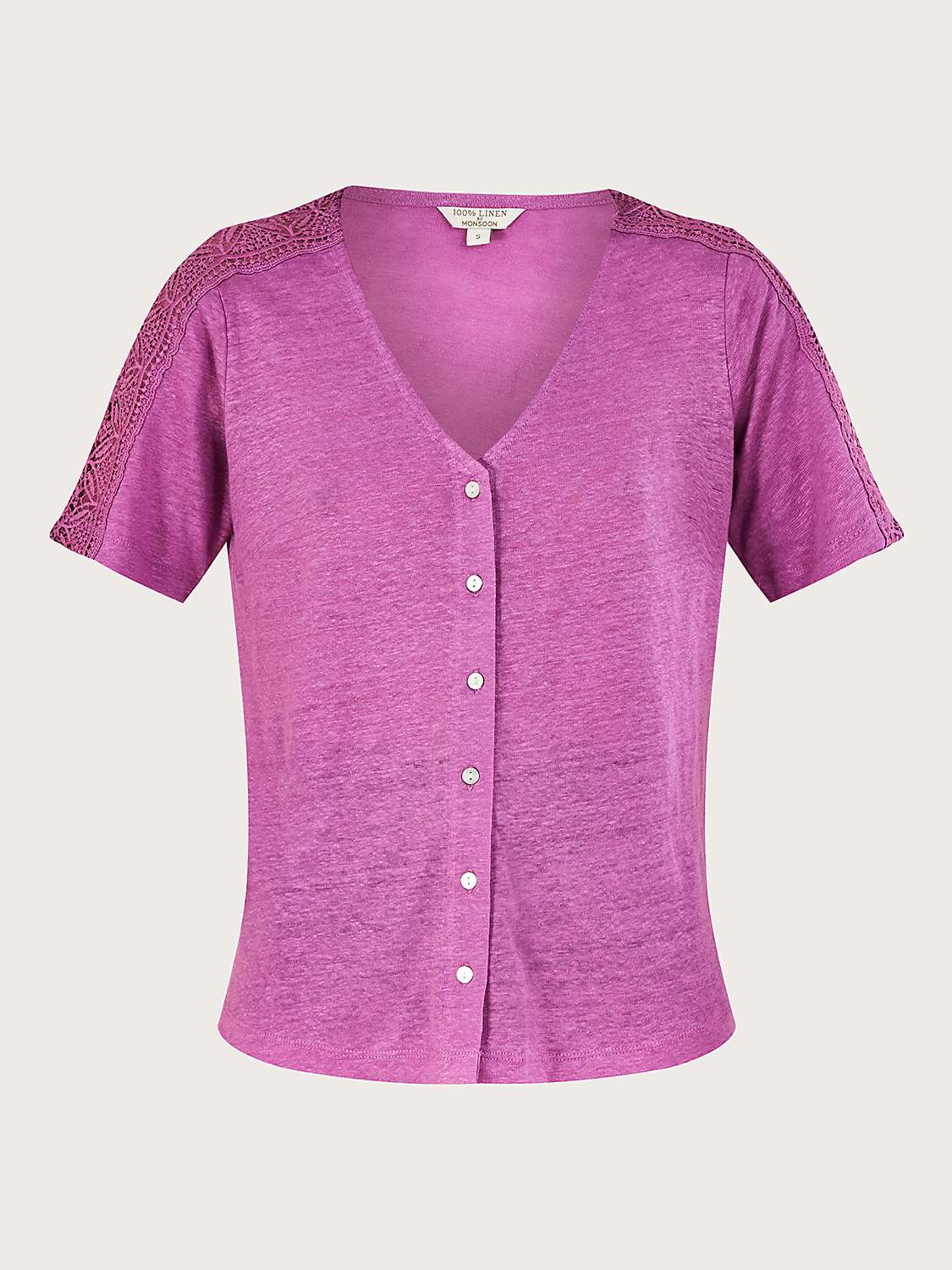 Buy Monsoon Plain Button Through Lace Sleeve Linen Top, Purple Online at johnlewis.com