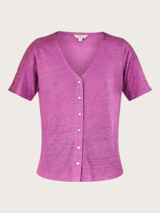 Monsoon Plain Button Through Lace Sleeve Linen Top, Purple