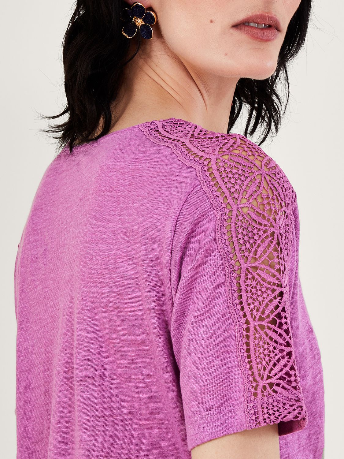 Monsoon Plain Button Through Lace Sleeve Linen Top, Purple at John