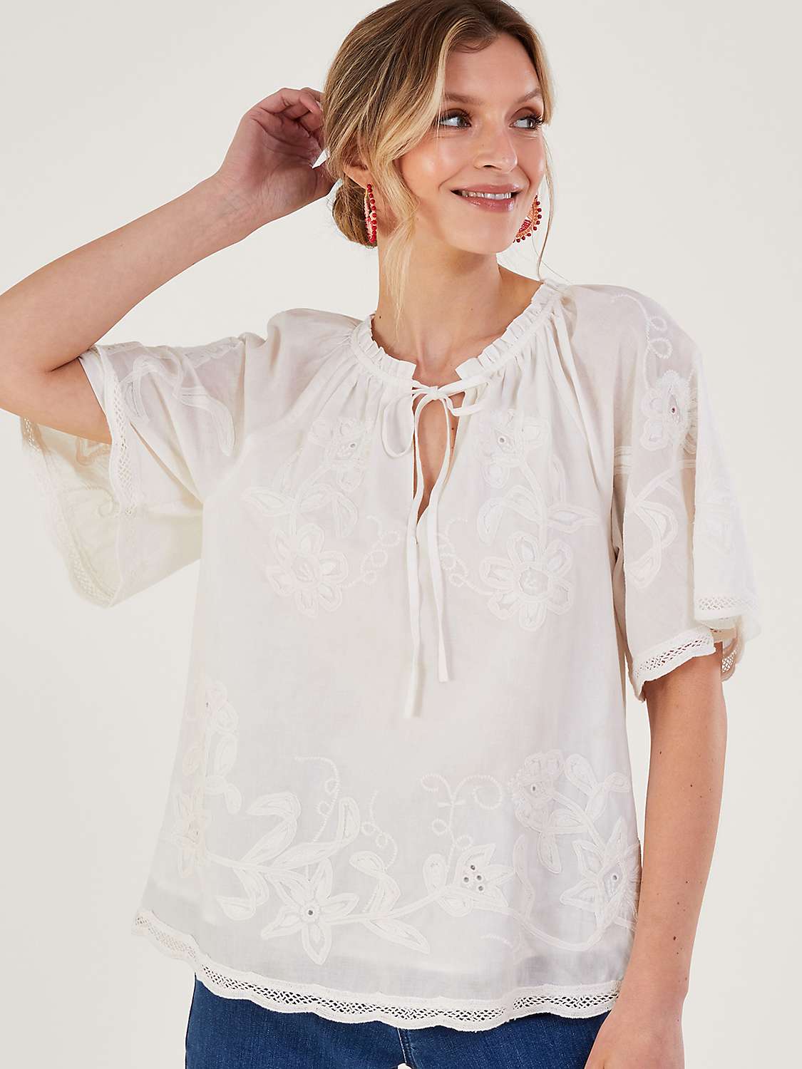 Monsoon Embroidered Short Sleeve Top, White at John Lewis & Partners