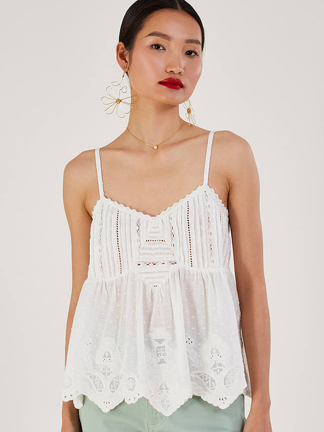 Monsoon Embroidered Pointed Hem Top, White at John Lewis & Partners