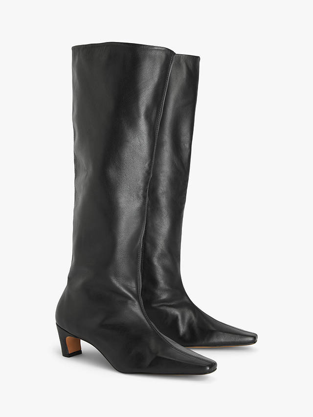 John Lewis Sydnie Leather Chisel Toe Pull On Knee Boots, Black Calf Leather