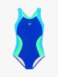 Speedo Kids' Colour Block Spiritback Swimsuit, Blue/Green