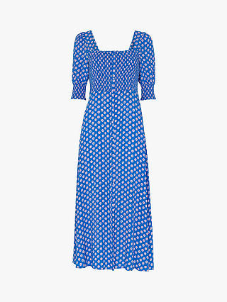 Whistles Petite Floral Sunburst Midi Shirred Dress, Blue/Multi