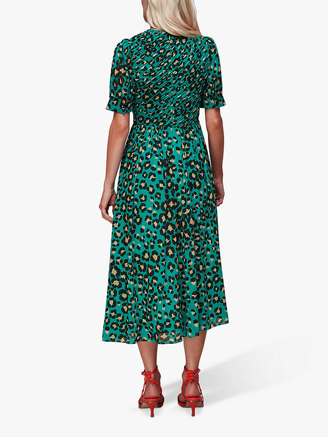 Whistles Petite Painted Leopard Midi Shirred Dress, Green/Multi