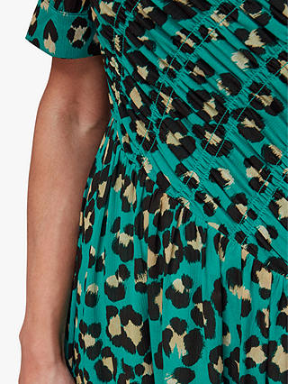 Whistles Petite Painted Leopard Midi Shirred Dress, Green/Multi