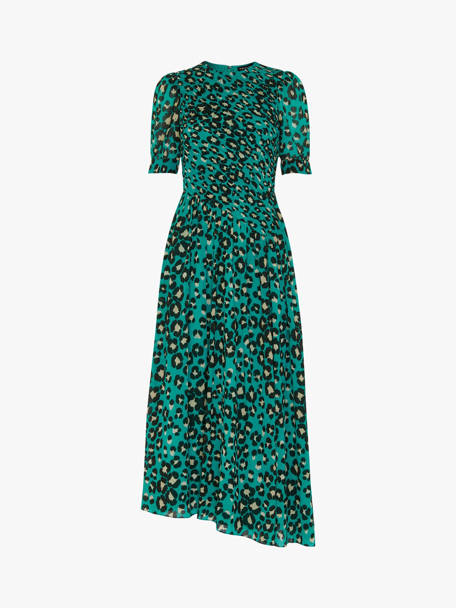 Whistles Petite Painted Leopard Midi Shirred Dress, Green/Multi at John ...
