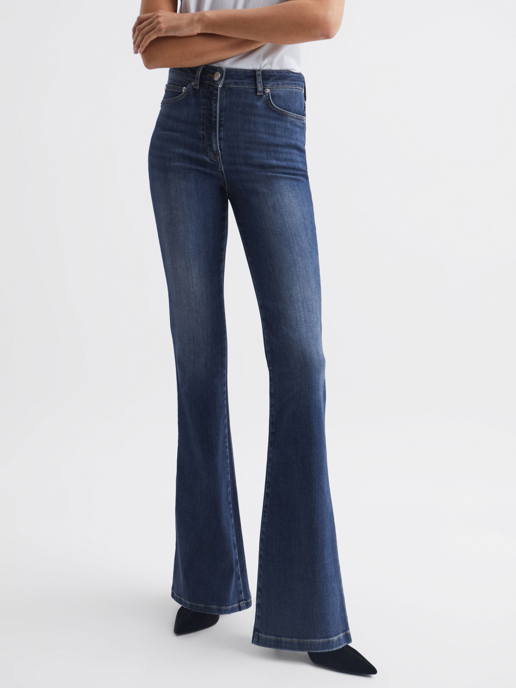 Reiss Petite Beau Skinny Flared Jeans, Mid Blue at John Lewis & Partners
