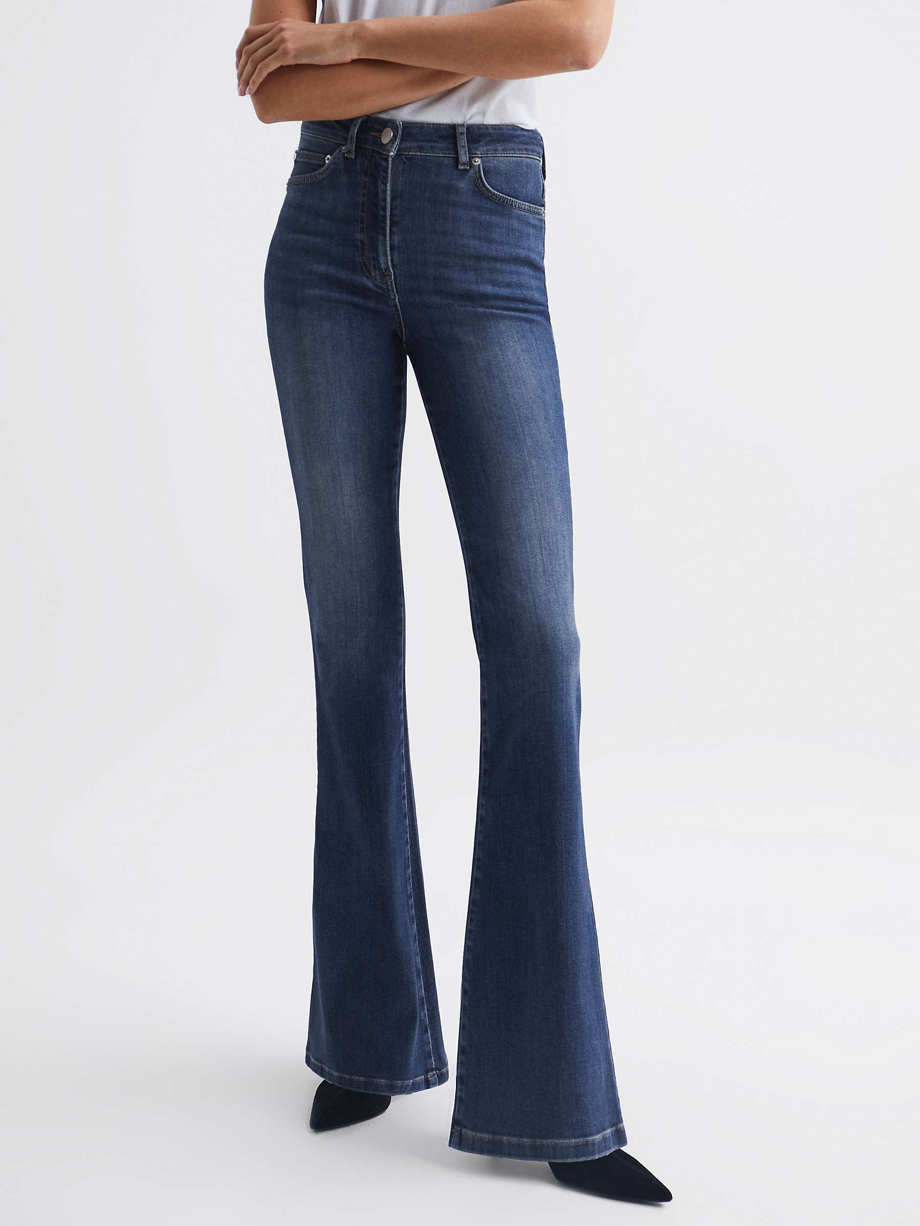 Reiss Petite Beau Skinny Flared Jeans, Mid Blue at John Lewis & Partners