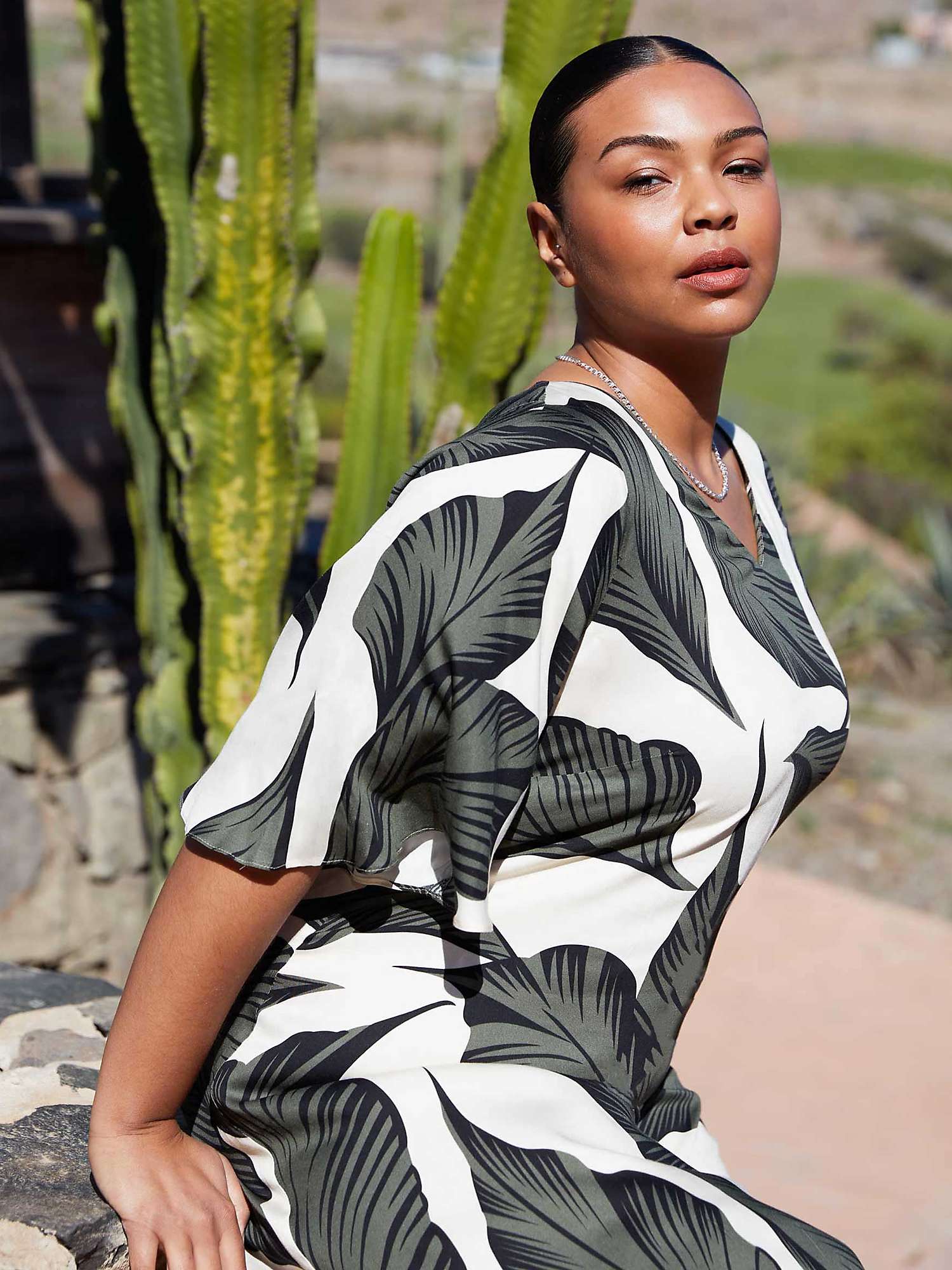 Buy Live Unlimited Curve Palm Leaf Print Midi Dress, Khaki/White Online at johnlewis.com