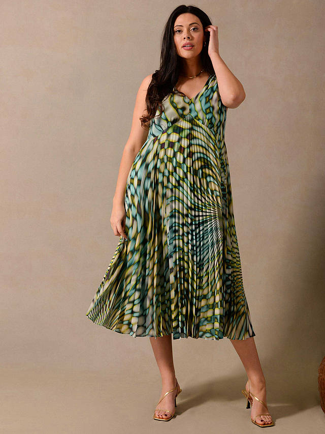Live Umlimited Curve Kaleidoscope Sunray Pleat Maxi Dress, Green/Multi