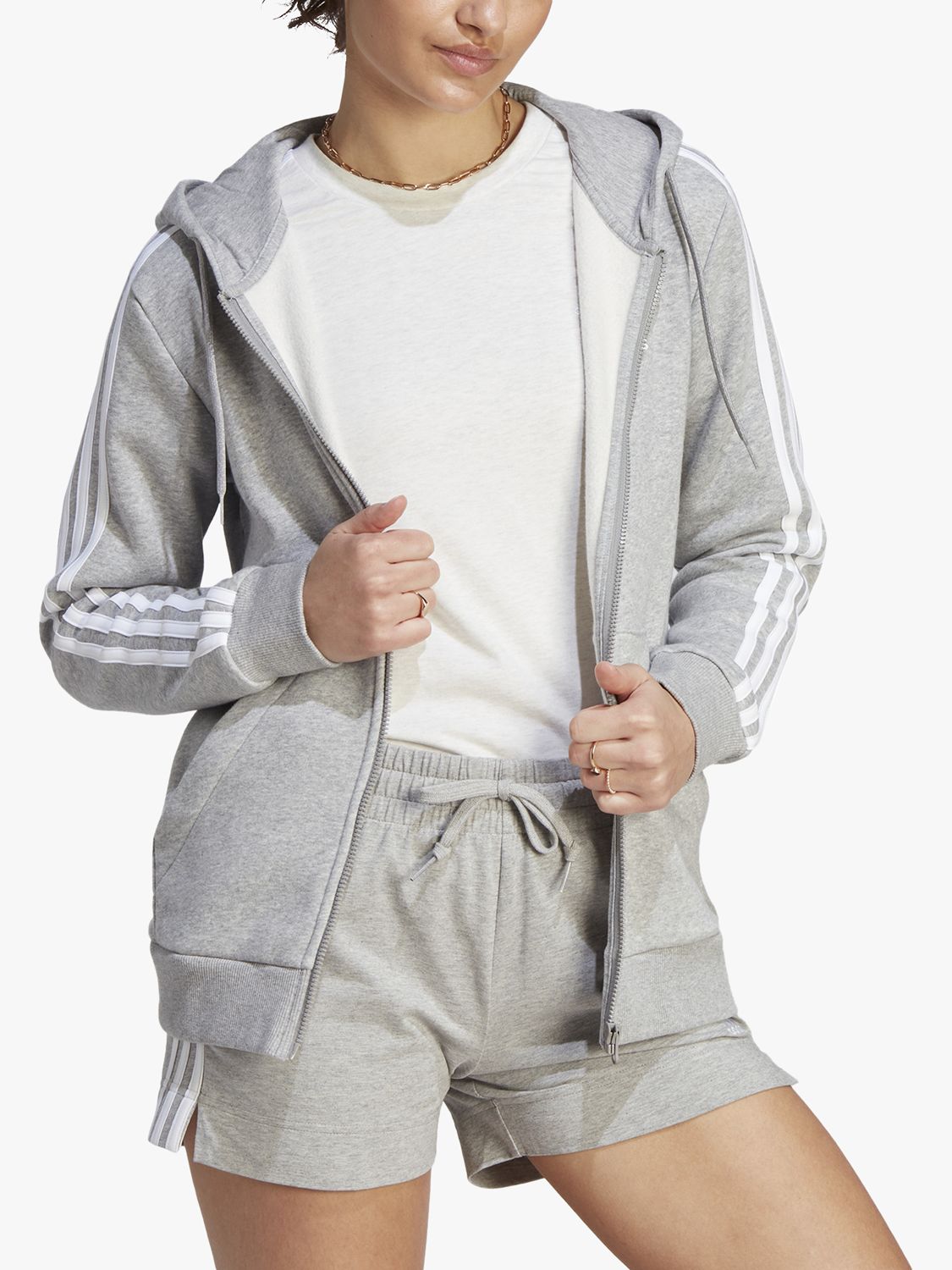adidas Essentials 3-Stripes Full-Zip Fleece Hoodie, Grey Heather/White, S