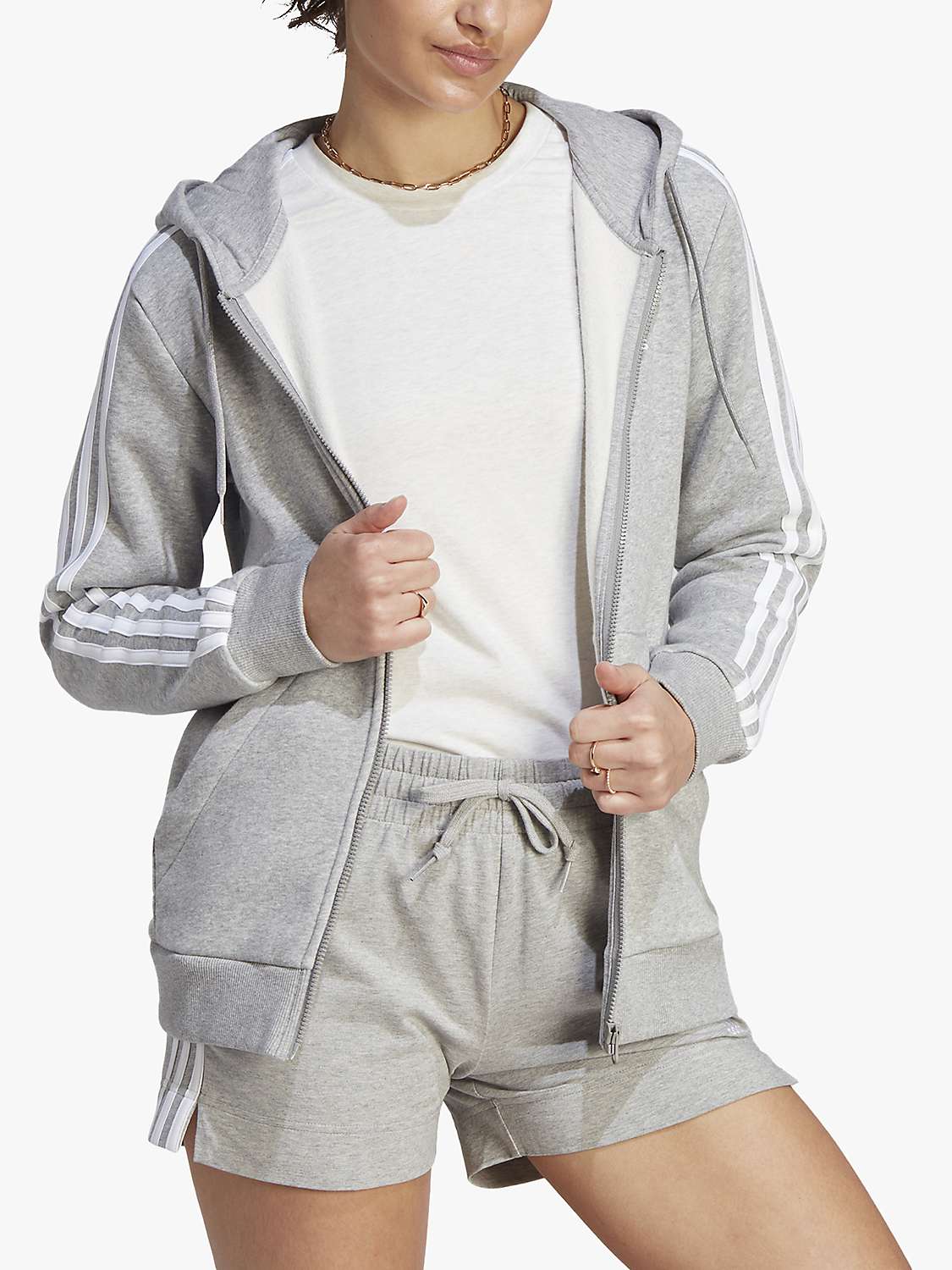 Buy adidas Essentials 3-Stripes Full-Zip Fleece Hoodie, Grey Heather/White Online at johnlewis.com