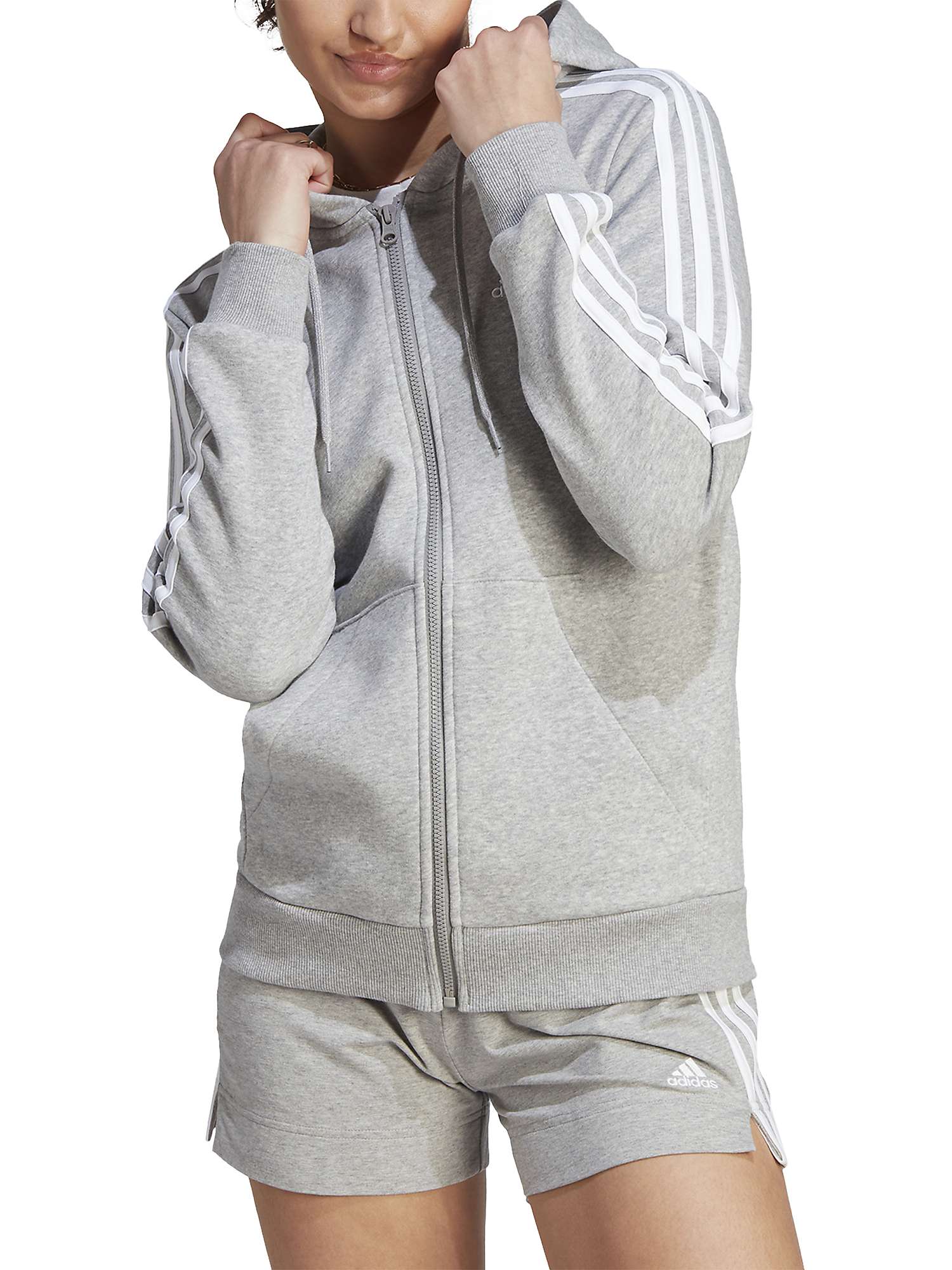 Buy adidas Essentials 3-Stripes Full-Zip Fleece Hoodie, Grey Heather/White Online at johnlewis.com