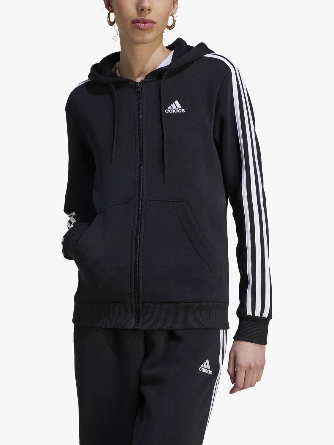 adidas Essentials Fleece 3-Stripes Full Zip Hoodie, Black/White, XS