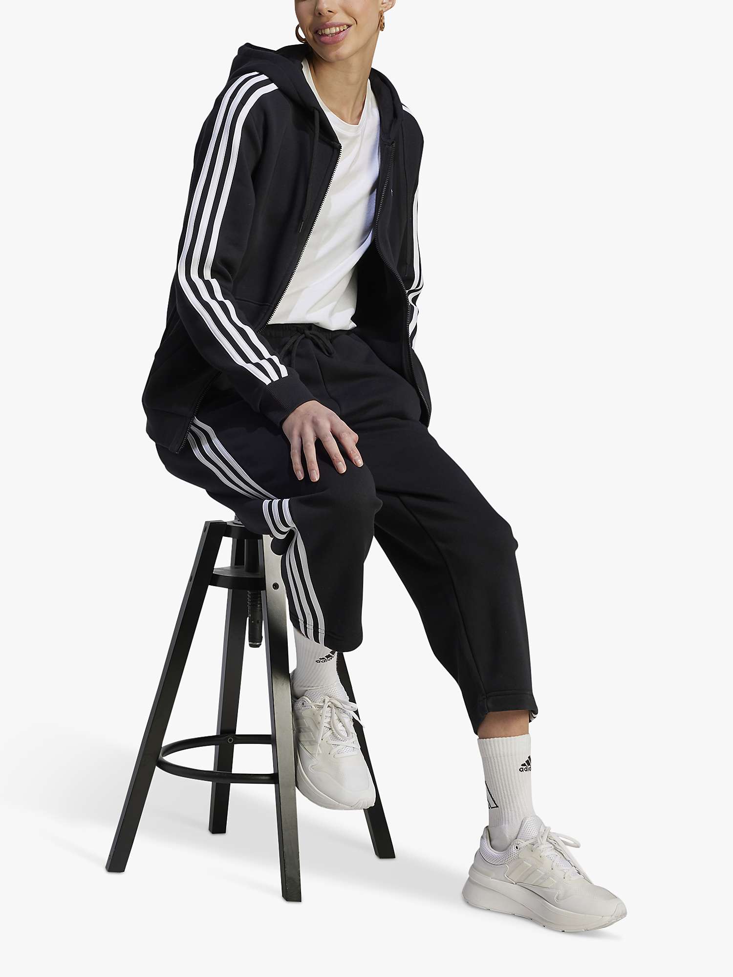 Buy adidas Essentials Fleece 3-Stripes Full Zip Hoodie, Black/White Online at johnlewis.com