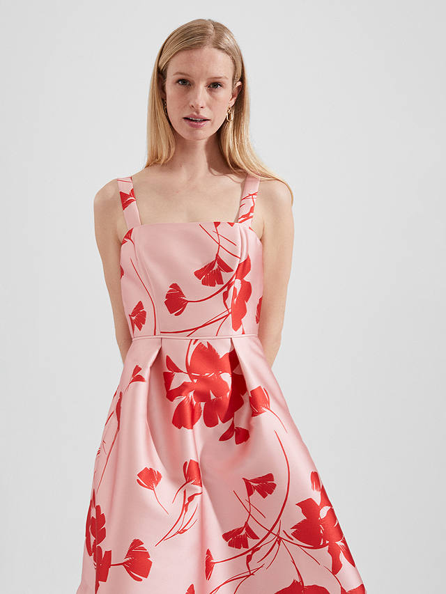 Hobbs Amoura Flared Midi Floral Dress, Pink/Ruby Red