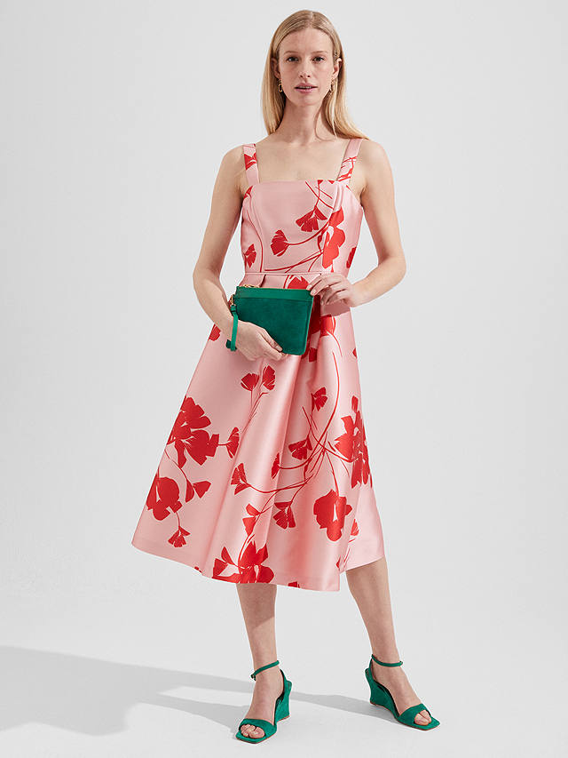 Hobbs Amoura Flared Midi Floral Dress, Pink/Ruby Red