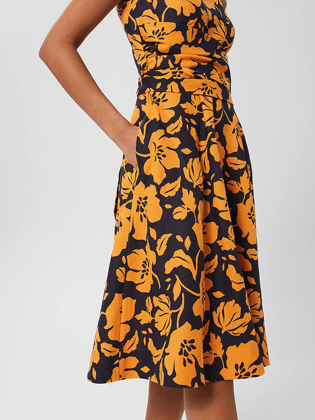 Hobbs Petite Twitchill Floral Print Linen Dress, Navy/Orange