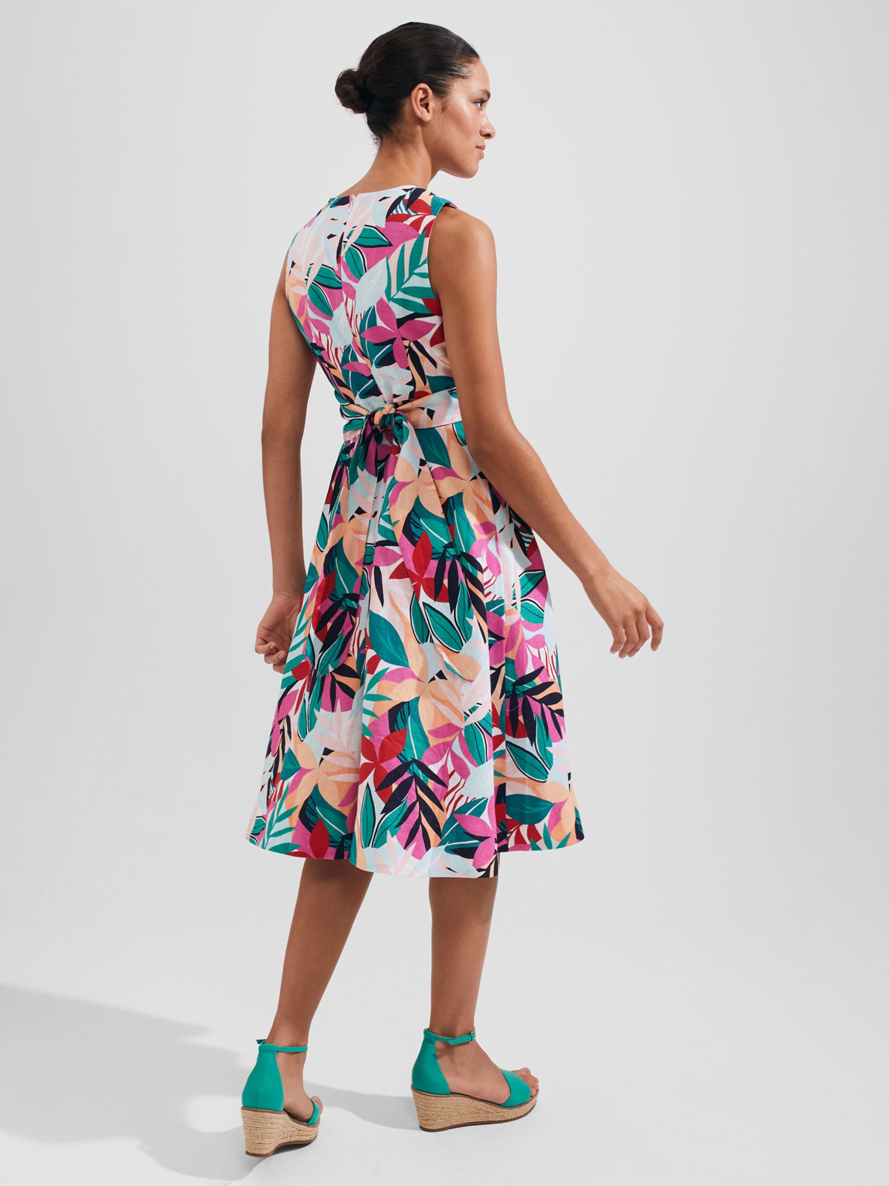 Hobbs Petite Mariella Leaf Print Linen Dress, Multi, 6
