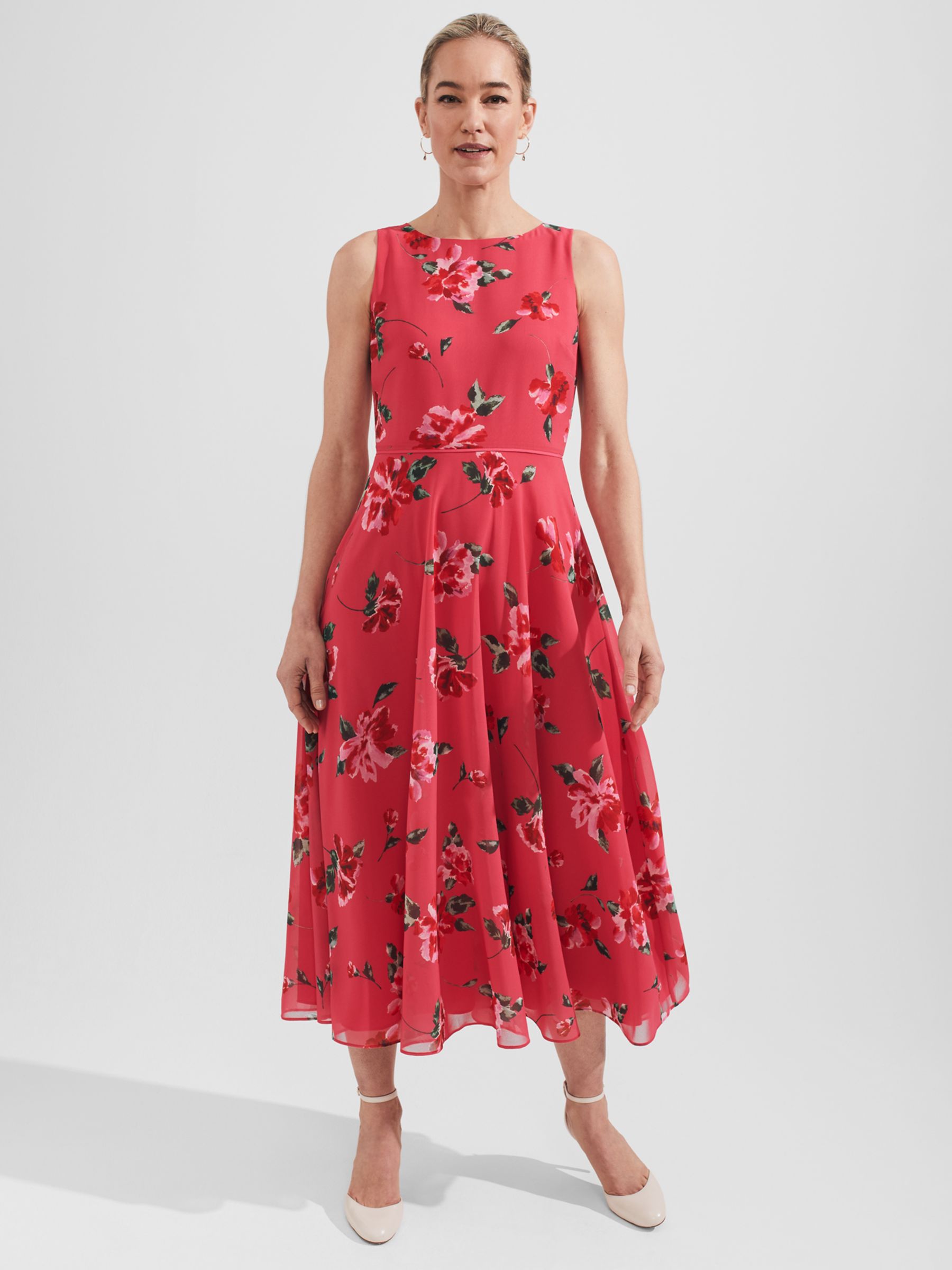 Hobbs Carly Floral Print Midi Dress, Red/Multi at John Lewis & Partners