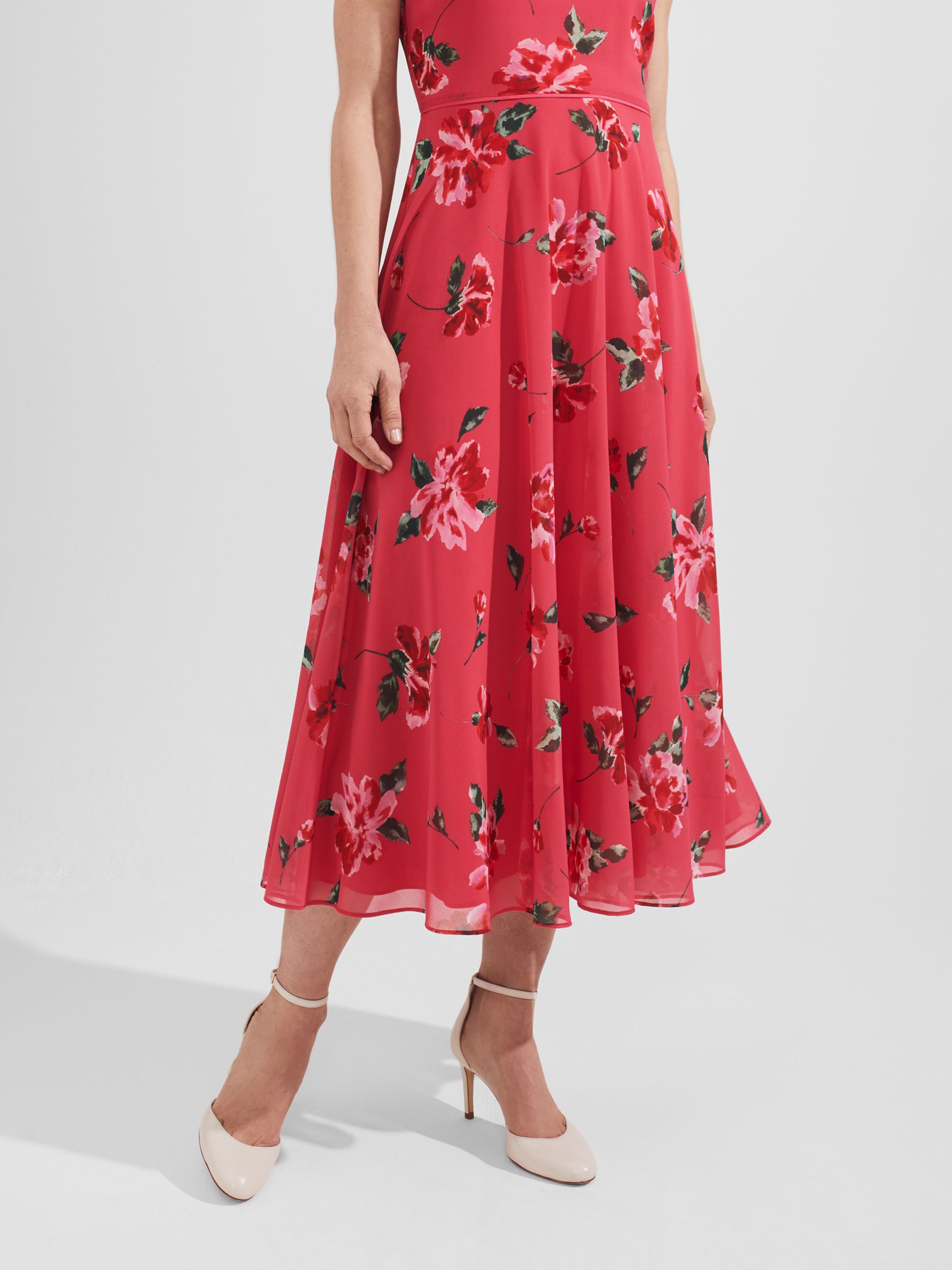 Hobbs Carly Floral Print Midi Dress, Red/Multi at John Lewis & Partners
