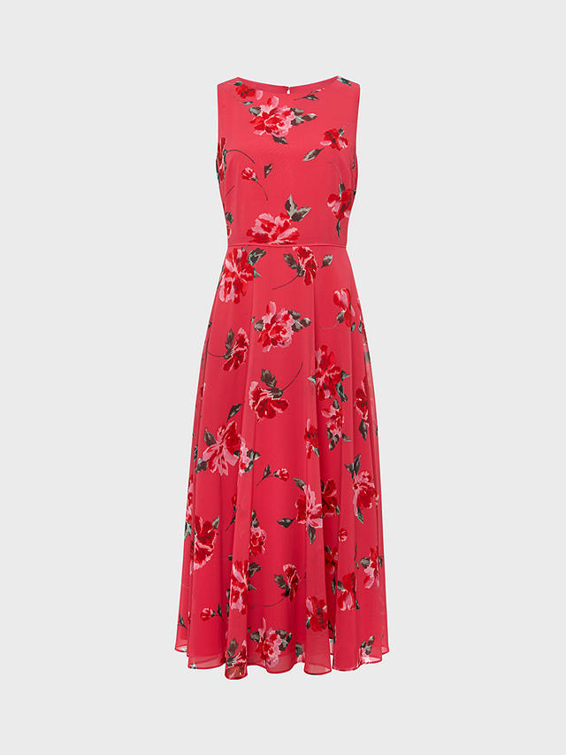 Hobbs Petite Carly Floral Print Midi Dress, Pink/Red/Multi