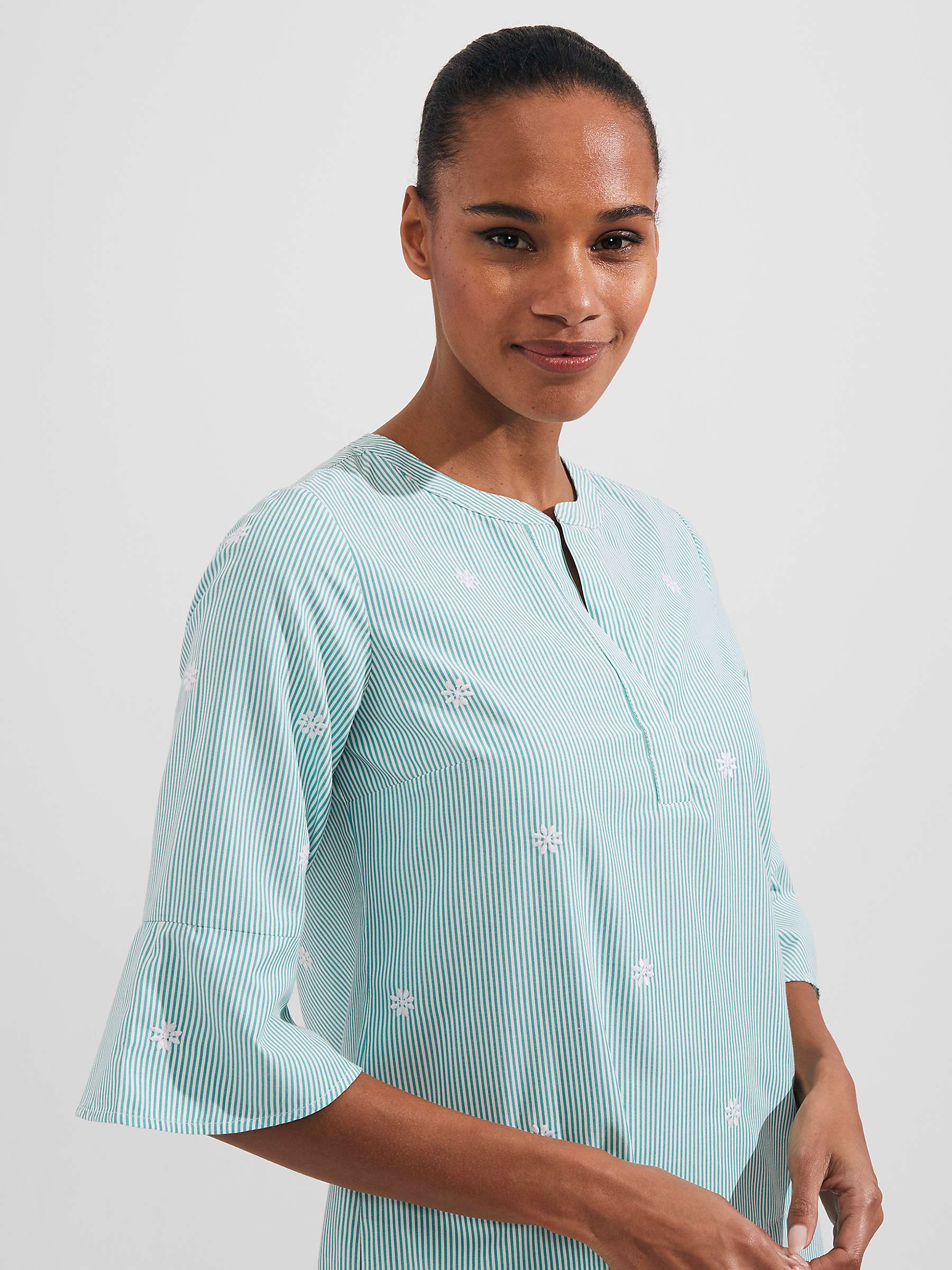 Buy Hobbs Acacia Stripe and Embroidery Flared Sleeve Top, Aruba Green Online at johnlewis.com