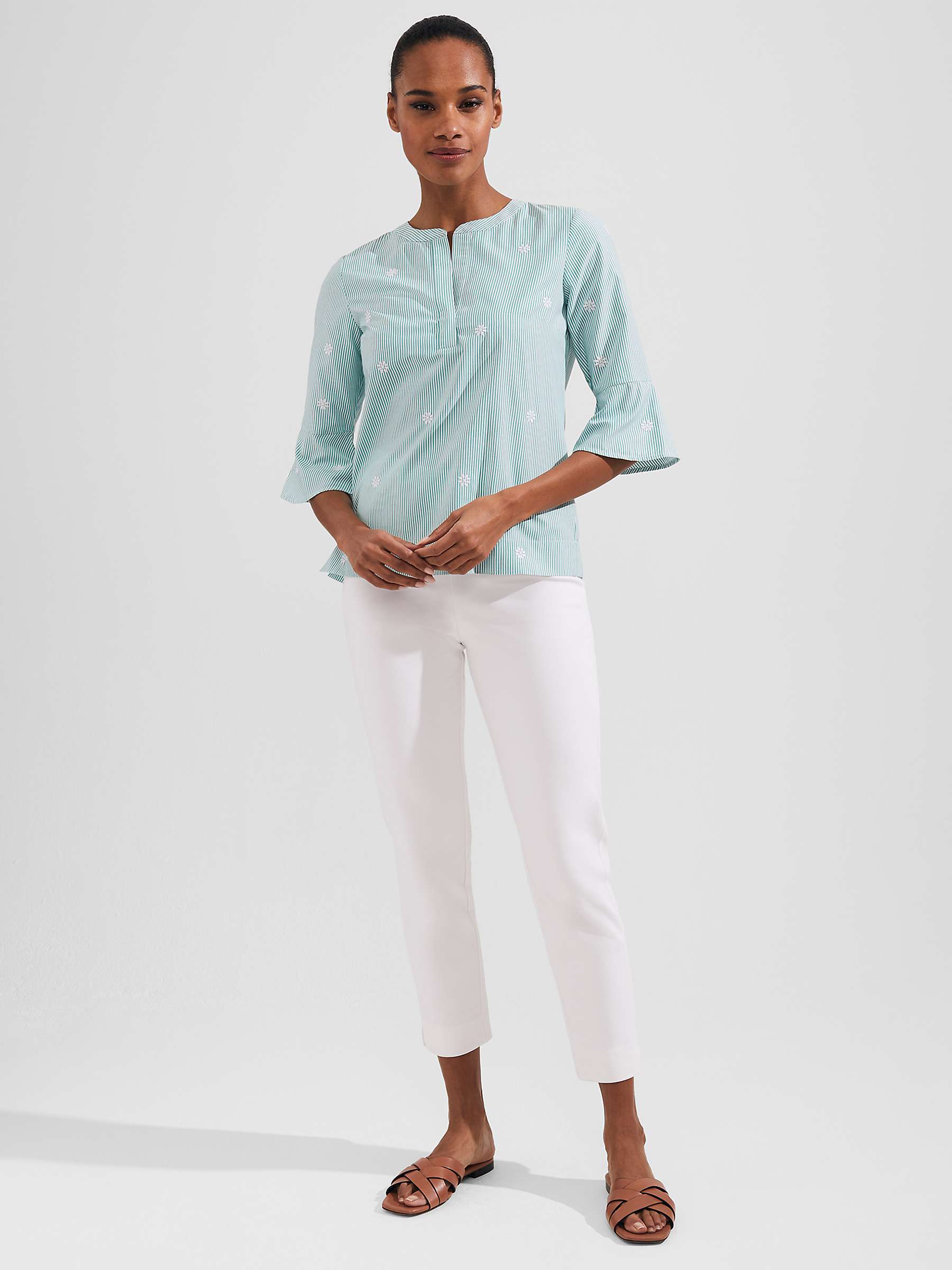 Buy Hobbs Acacia Stripe and Embroidery Flared Sleeve Top, Aruba Green Online at johnlewis.com