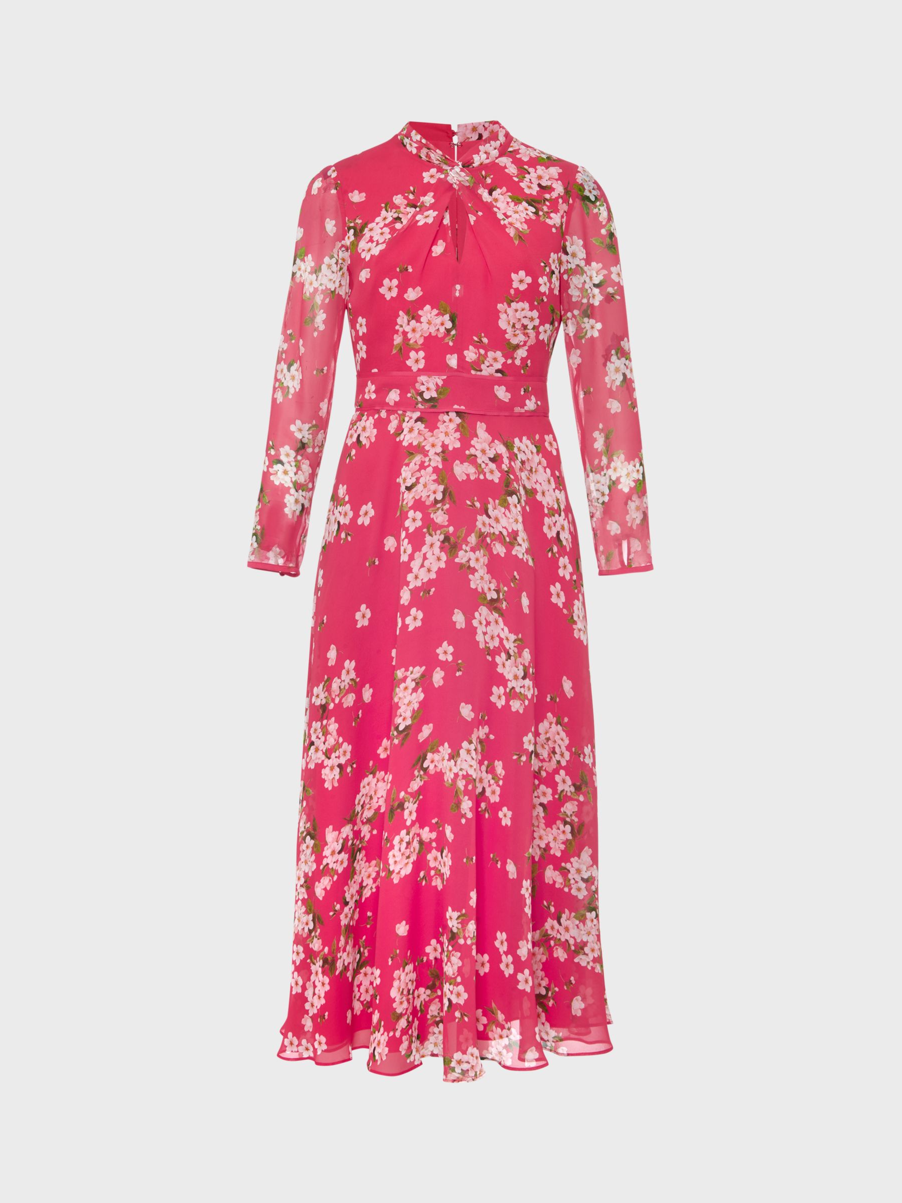 Hobbs Helena Silk Midi Dress, Pink/Multi at John Lewis & Partners