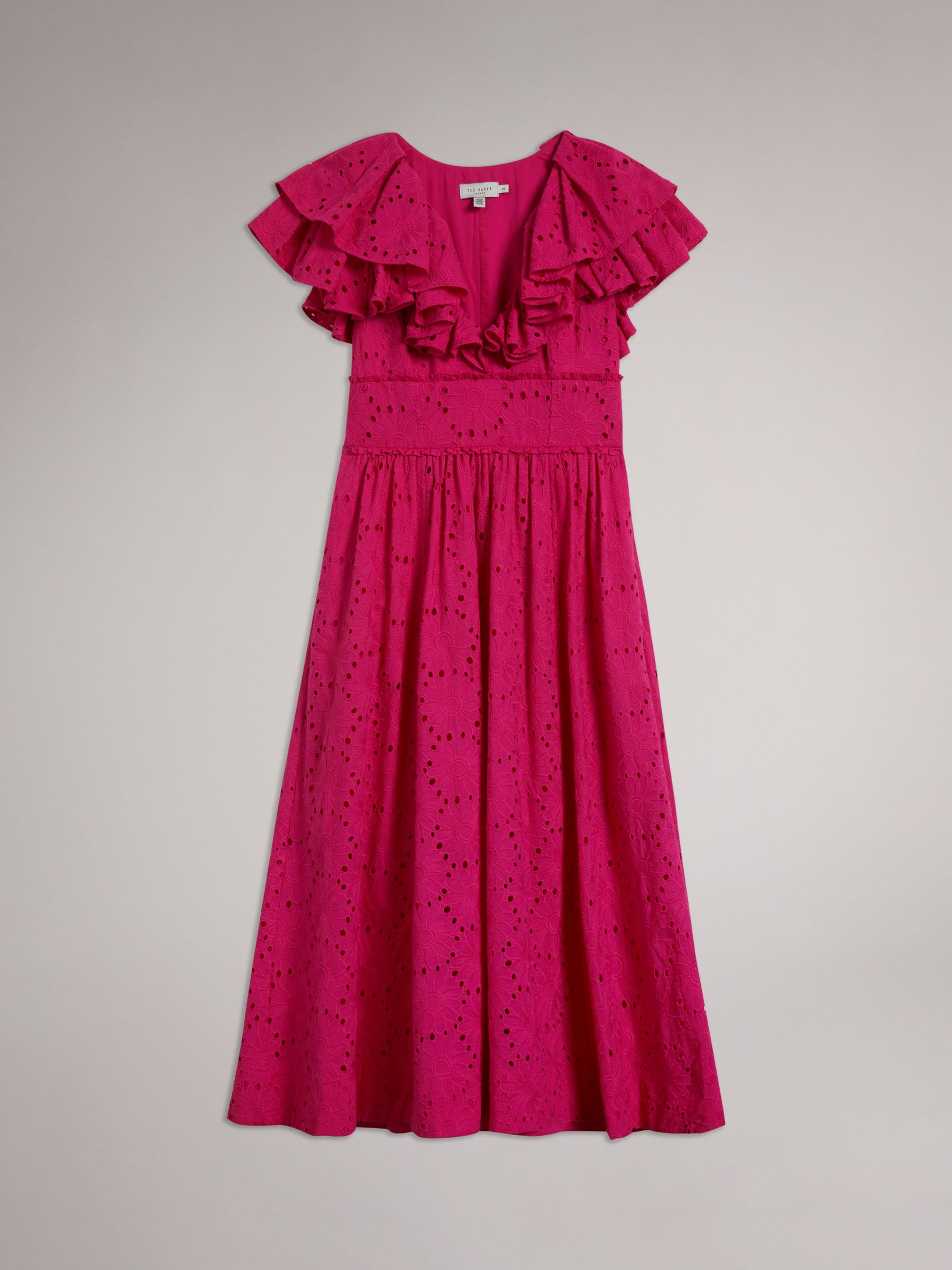 Ted Baker Mirza Ruffle Neck Broderie Midi Dress, Bright Pink at John ...