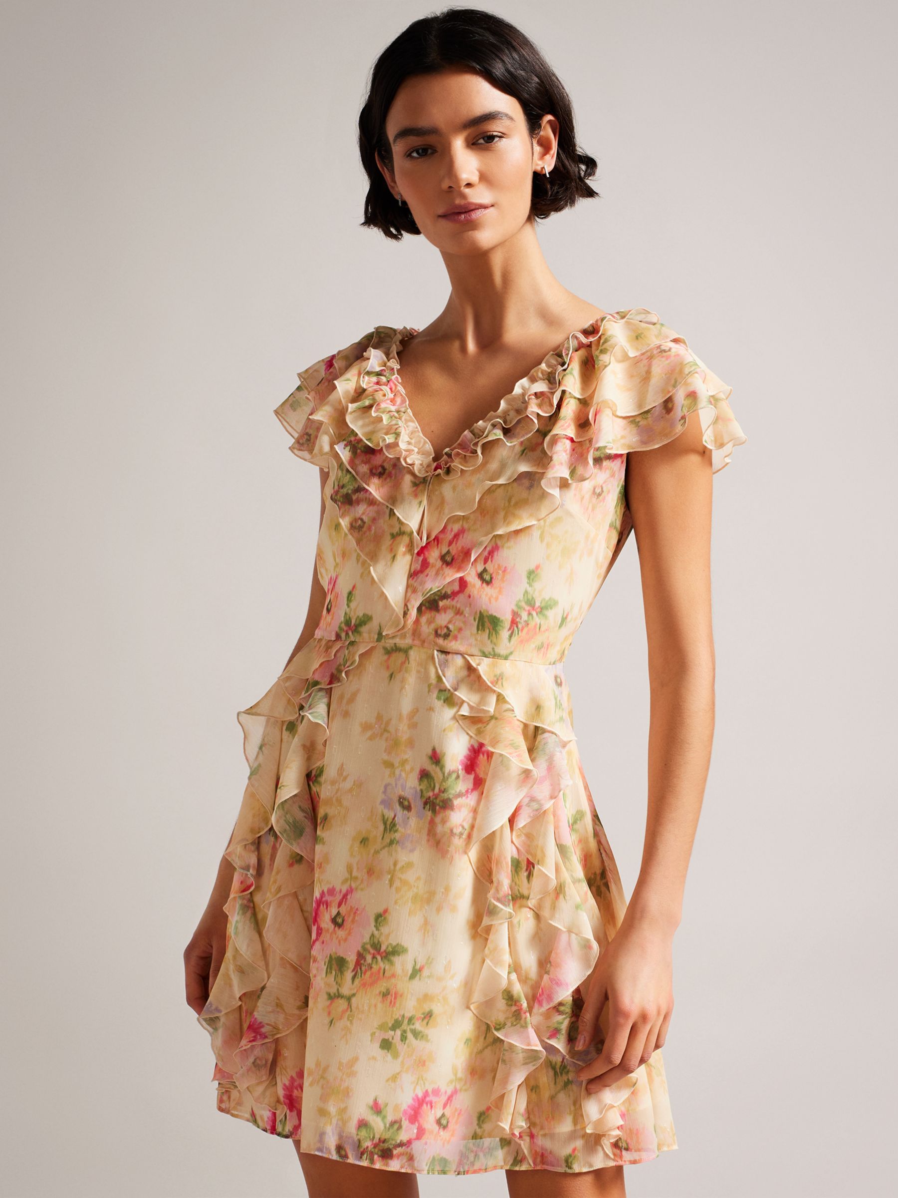 Ted Baker Ammiah Frill Sleeve Floral Mini Dress, Tan