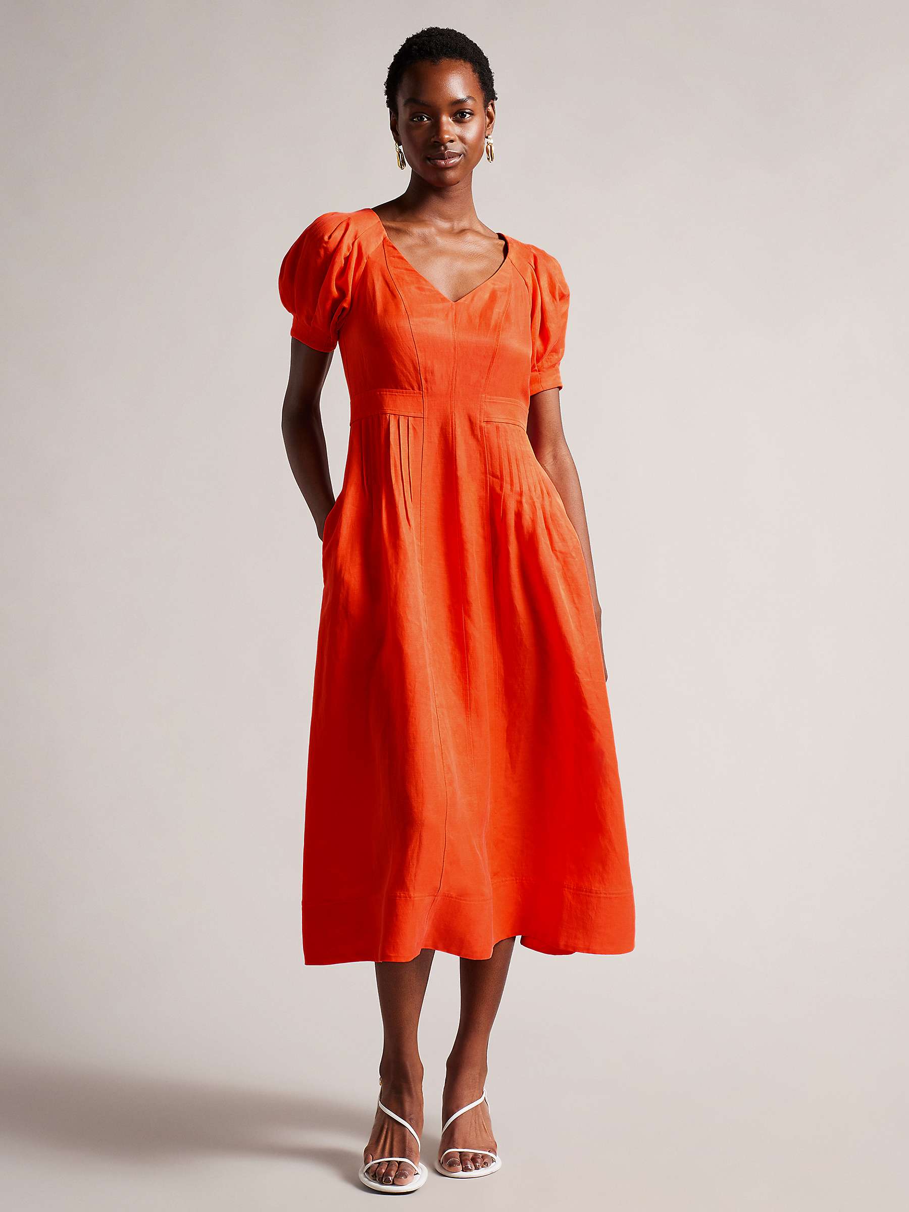 Buy Ted Baker Opalz Puff Sleeve Midi Dress, Bright Orange Online at johnlewis.com