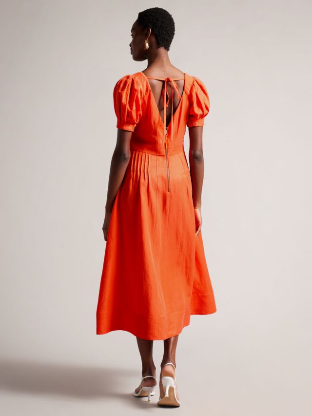 Ted Baker Opalz Puff Sleeve Midi Dress, Bright Orange, 6