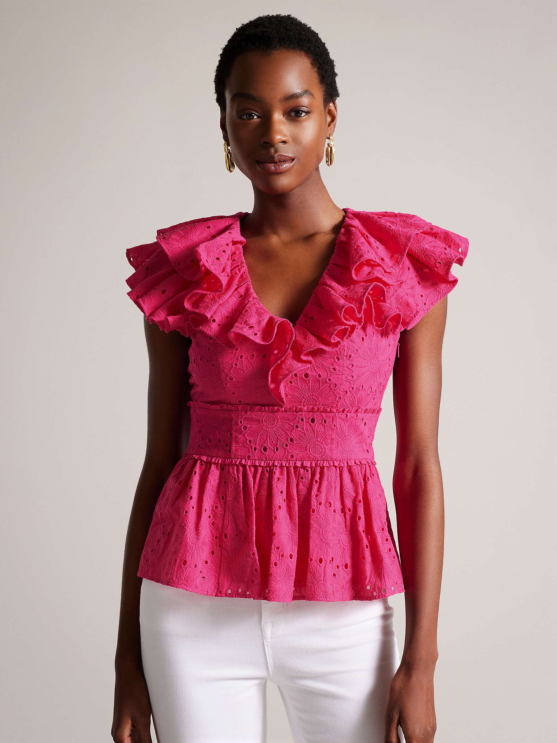 Buy Ted Baker Mazieh Broderie Peplum Top, Bright Pink Online at johnlewis.com