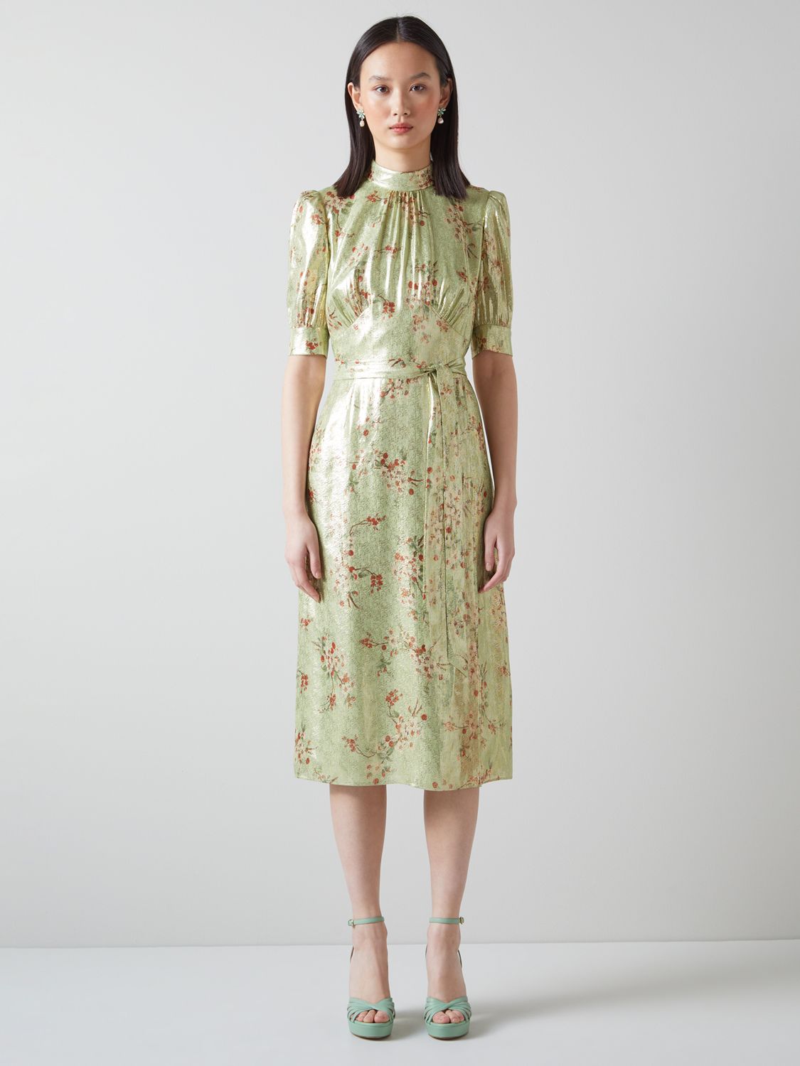 L.K.Bennett Finch Metallic Cherry Blossom Silk Blend Dress, Green 16 Female