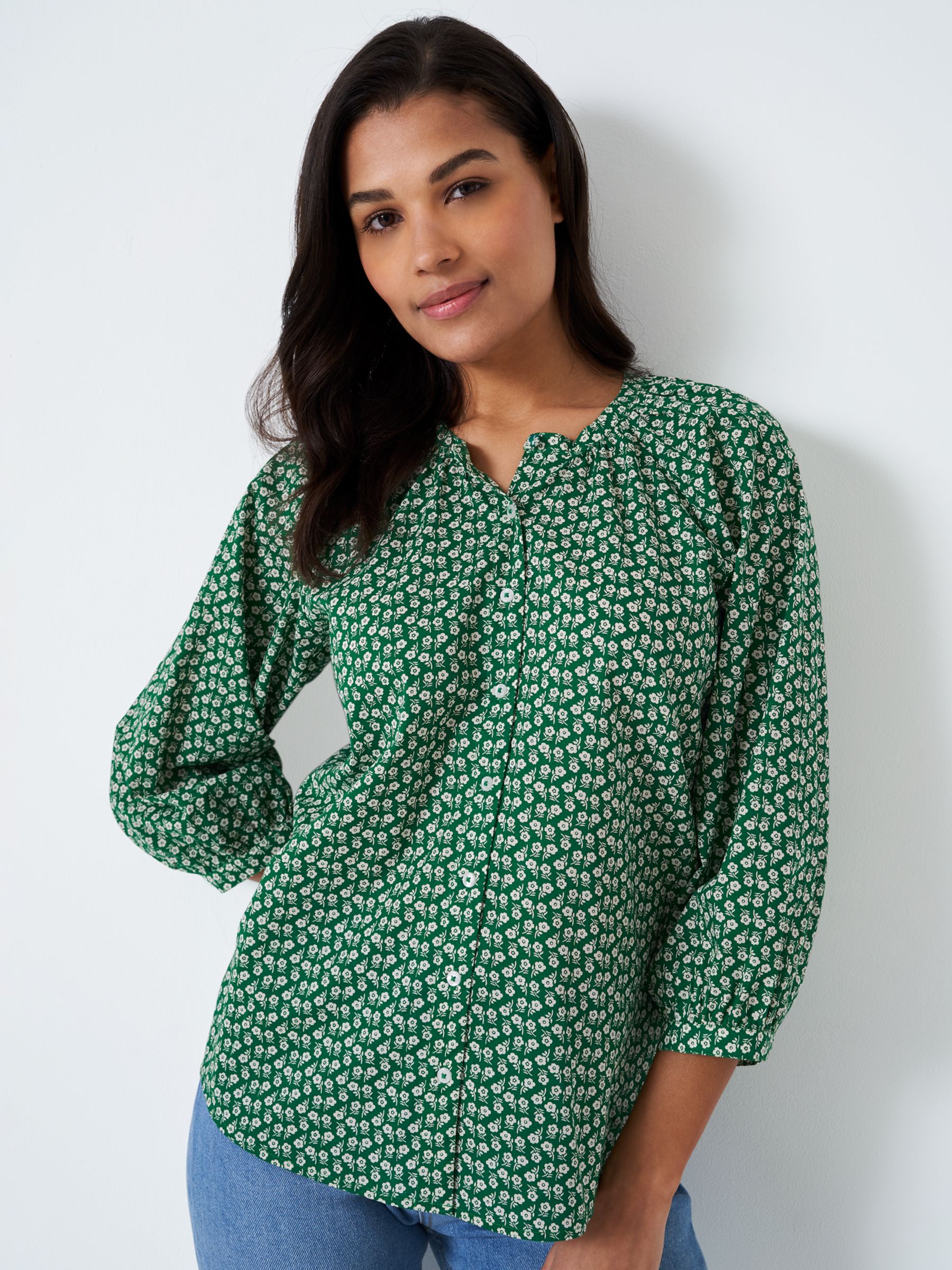 Crew Clothing Emi Floral Blouse, Green at John Lewis & Partners