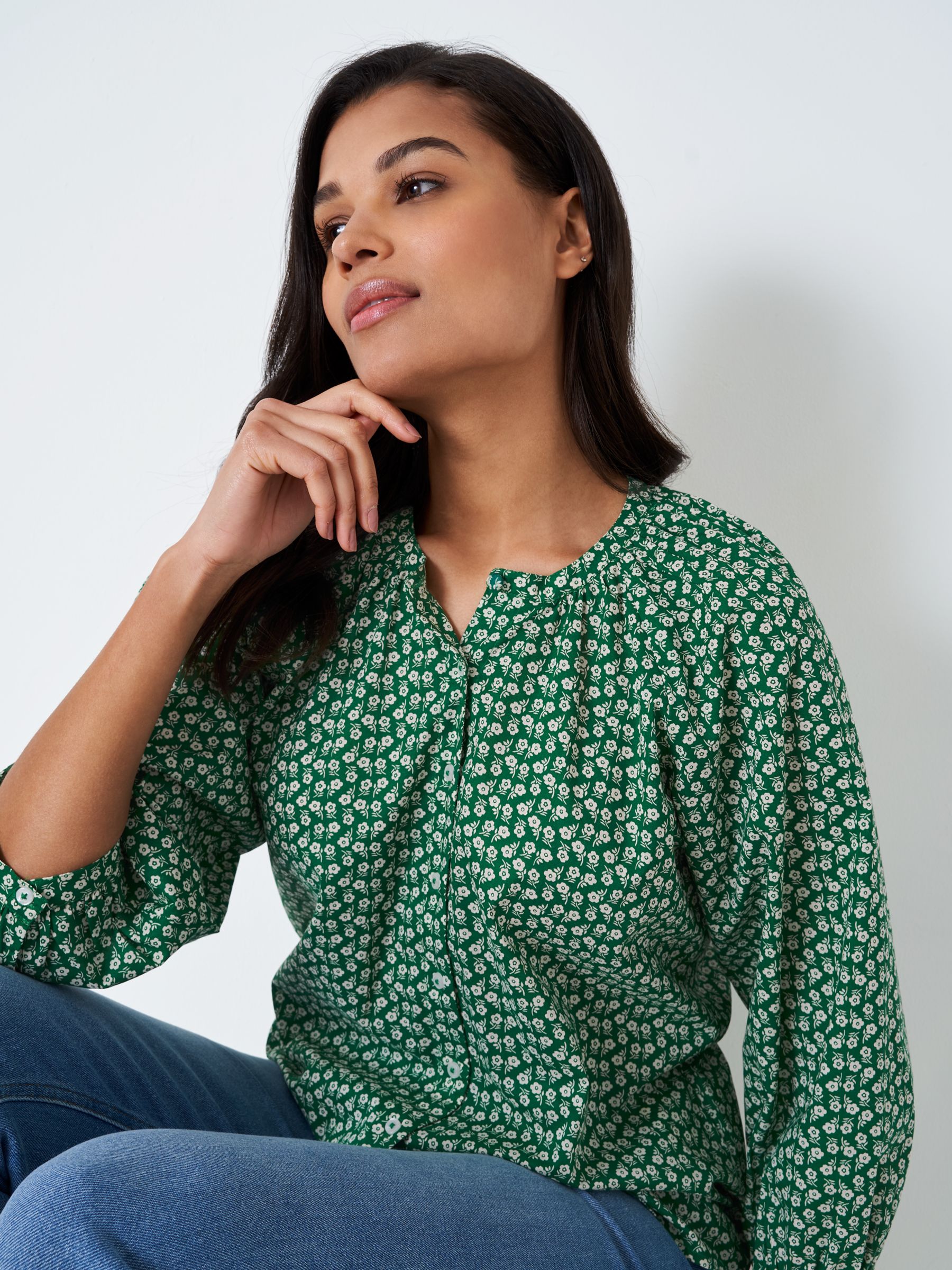 Crew Clothing Emi Floral Blouse, Green at John Lewis & Partners