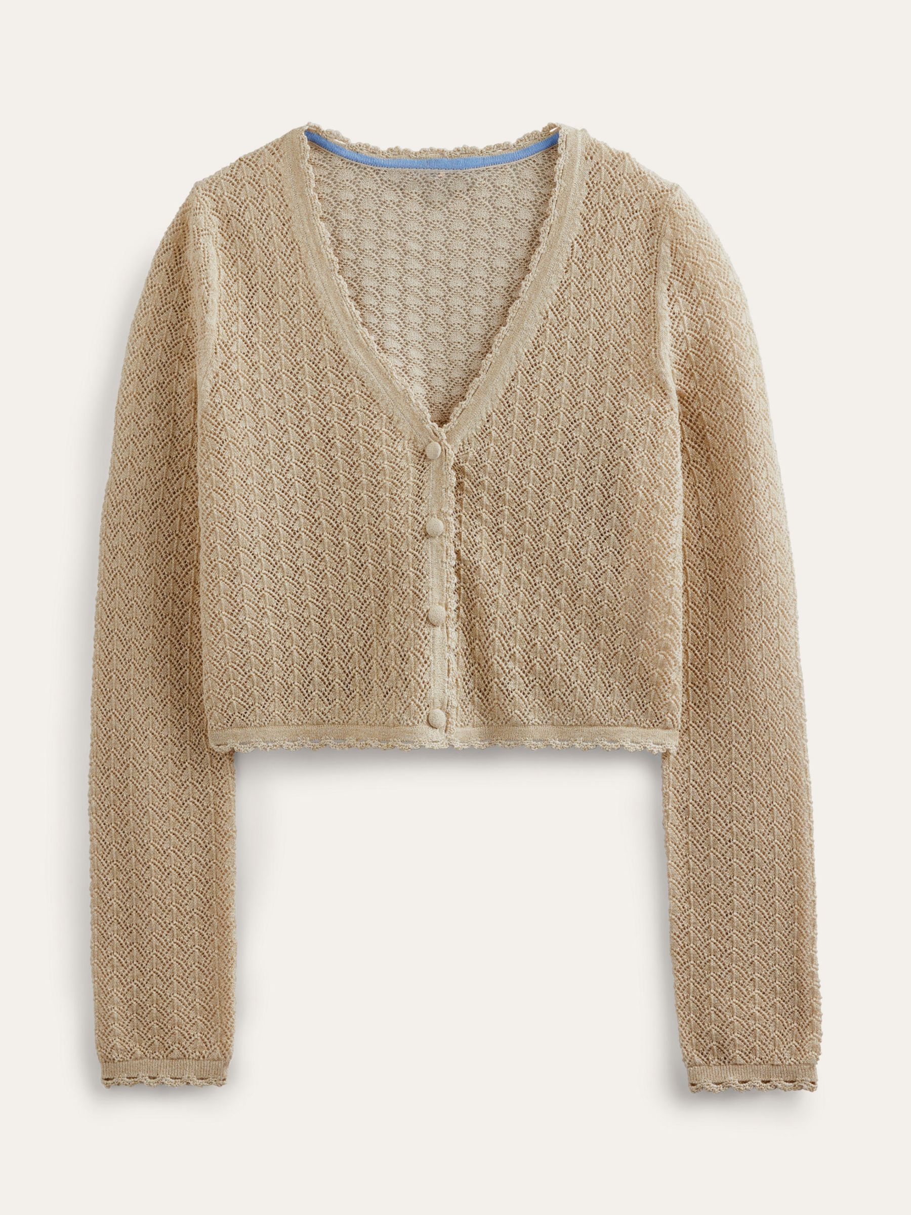 Boden Pointelle Cropped Cardigan, Gold Sparkle at John Lewis & Partners