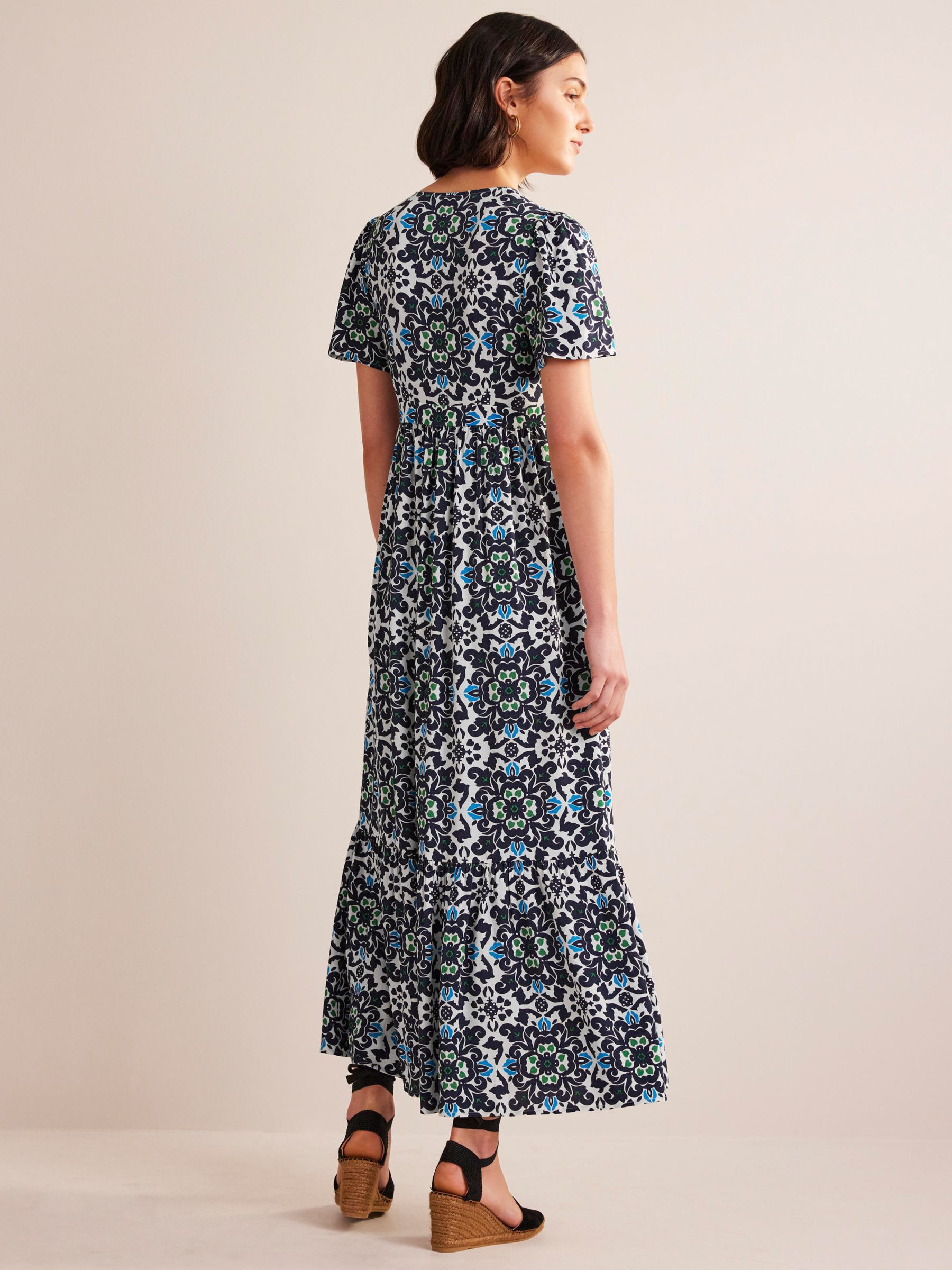 Boden Floral Print V-Neck Empire Midi Dress, Navy, 8